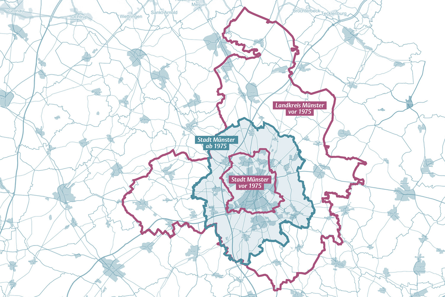 Grafisch aufbereitete Karte, die Grenzen der Stadt Münster vor und nach 1975 und die des Landkreises Münster bis 1975 zeigt.