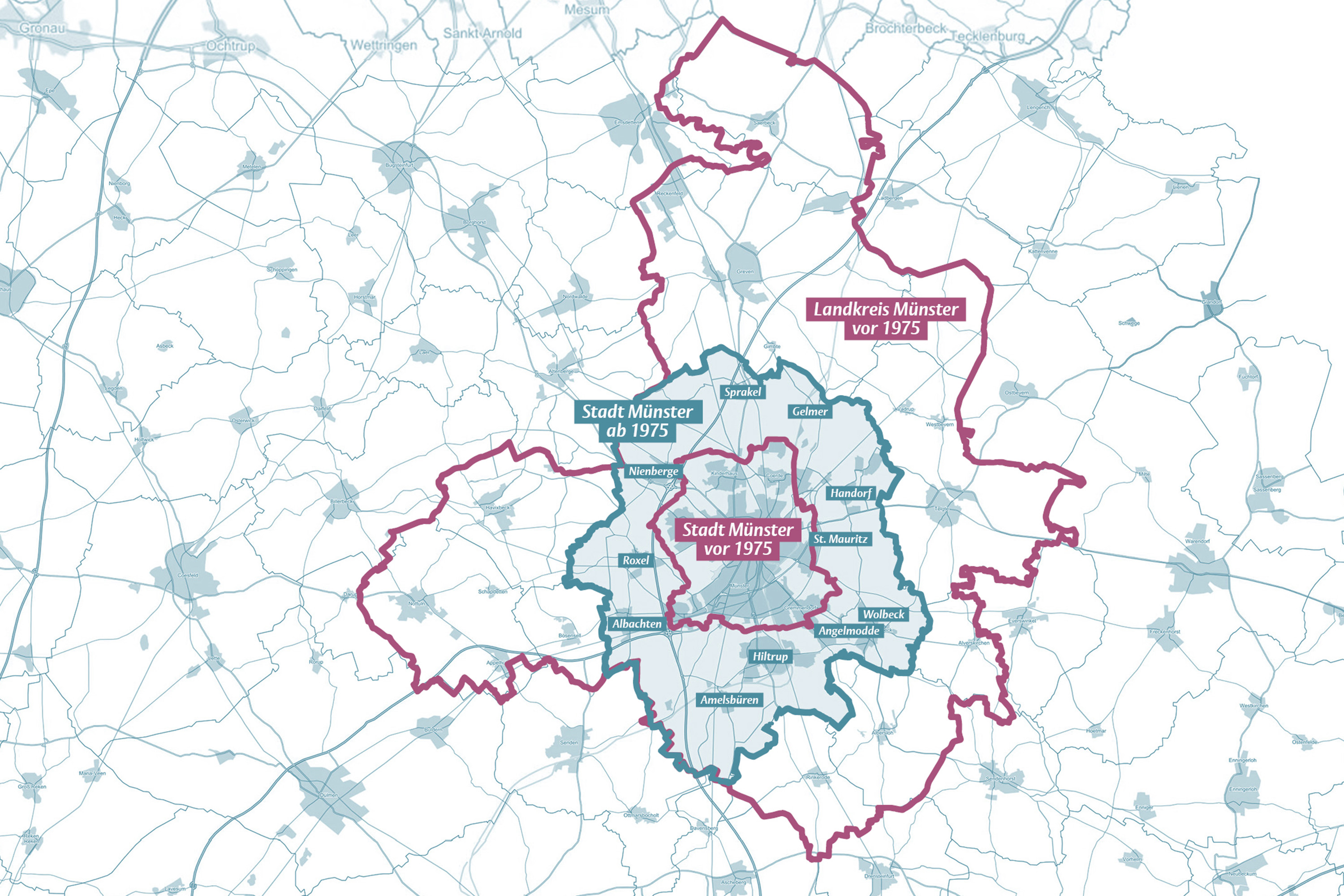 Karte von Münster mit eingezeichneten Grenzen der Stadtteile vor und nach der Gebietsreform 1975