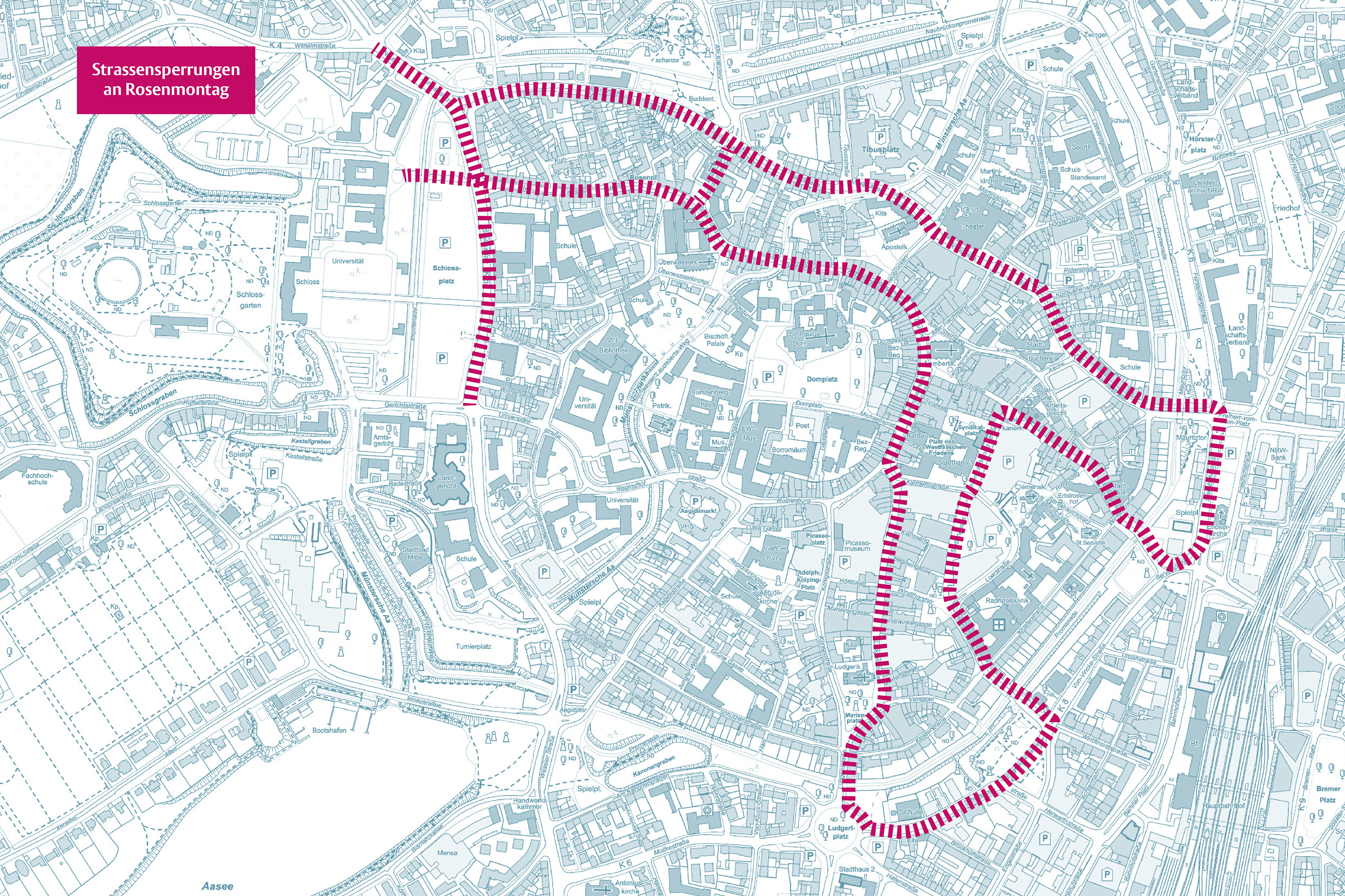 Karte mit den Straßensperrungen an Rosenmontag 2025