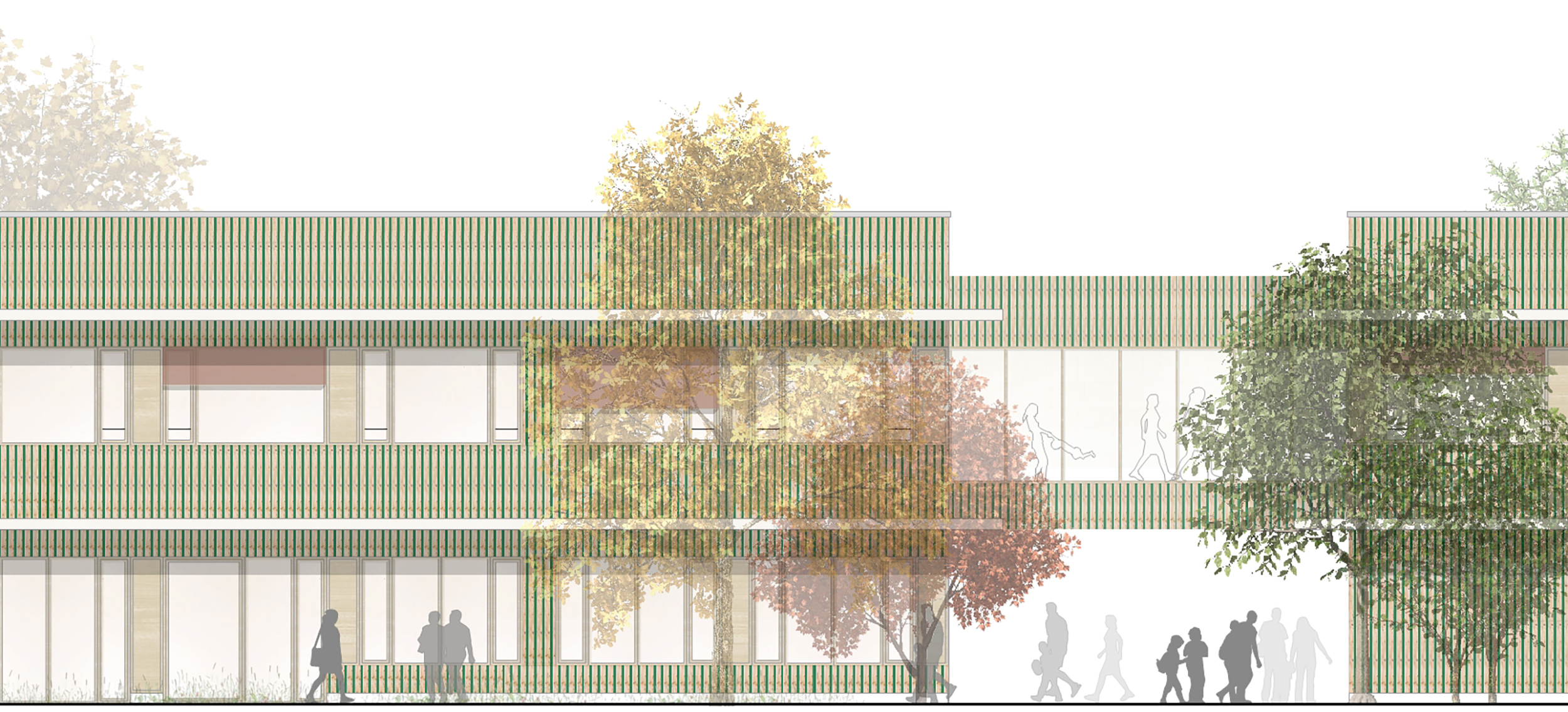 Grafische Visualisierung des Neubaus der Peter-Wust-Schule mit der Verbindungsbrücke zum Altbau sowie Bäumen und Menschen vor dem Gebäude