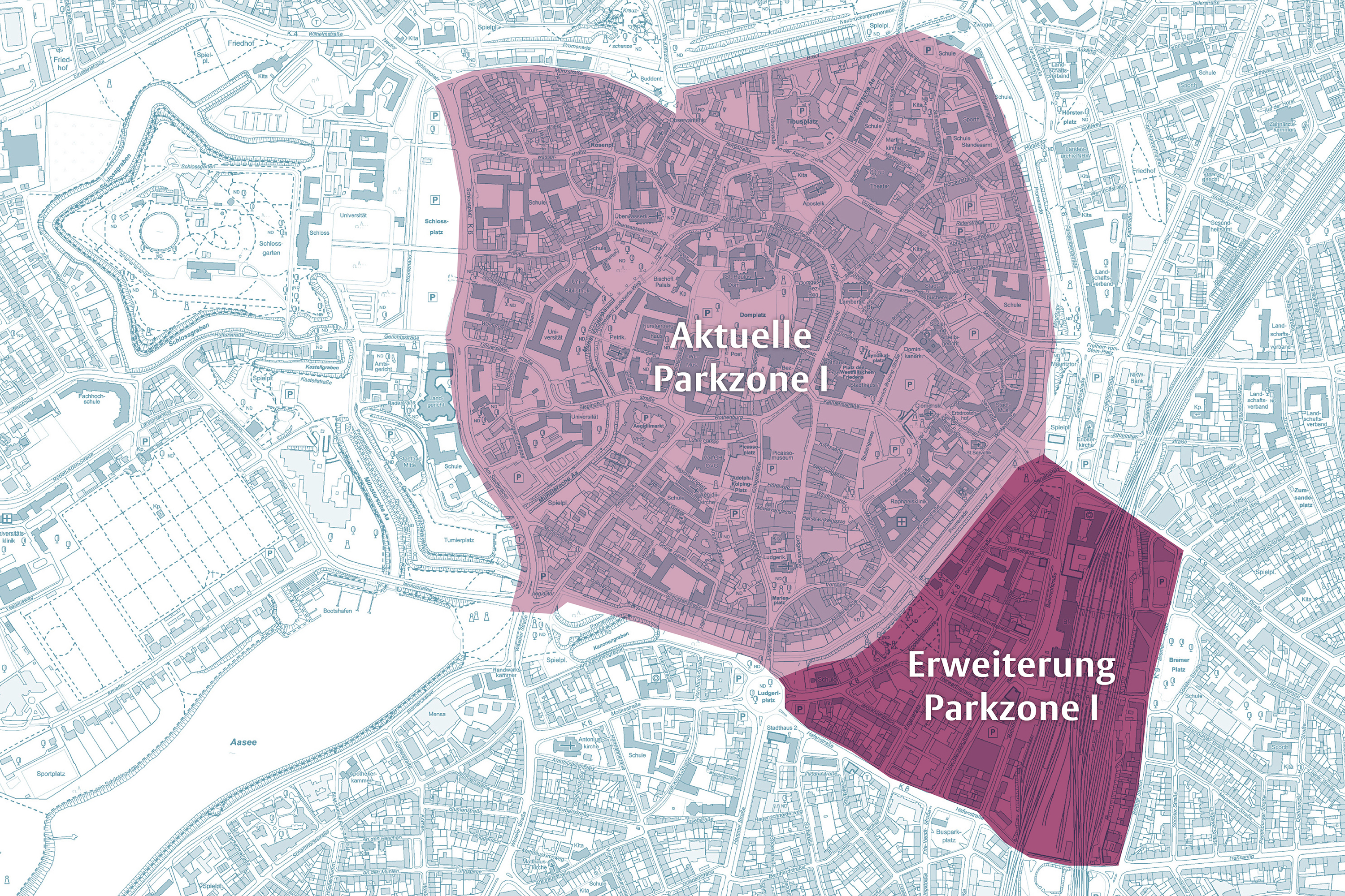farbliche Hervorhebung der Parkzone I auf einer Karte von Münsters Innenstadtbereich