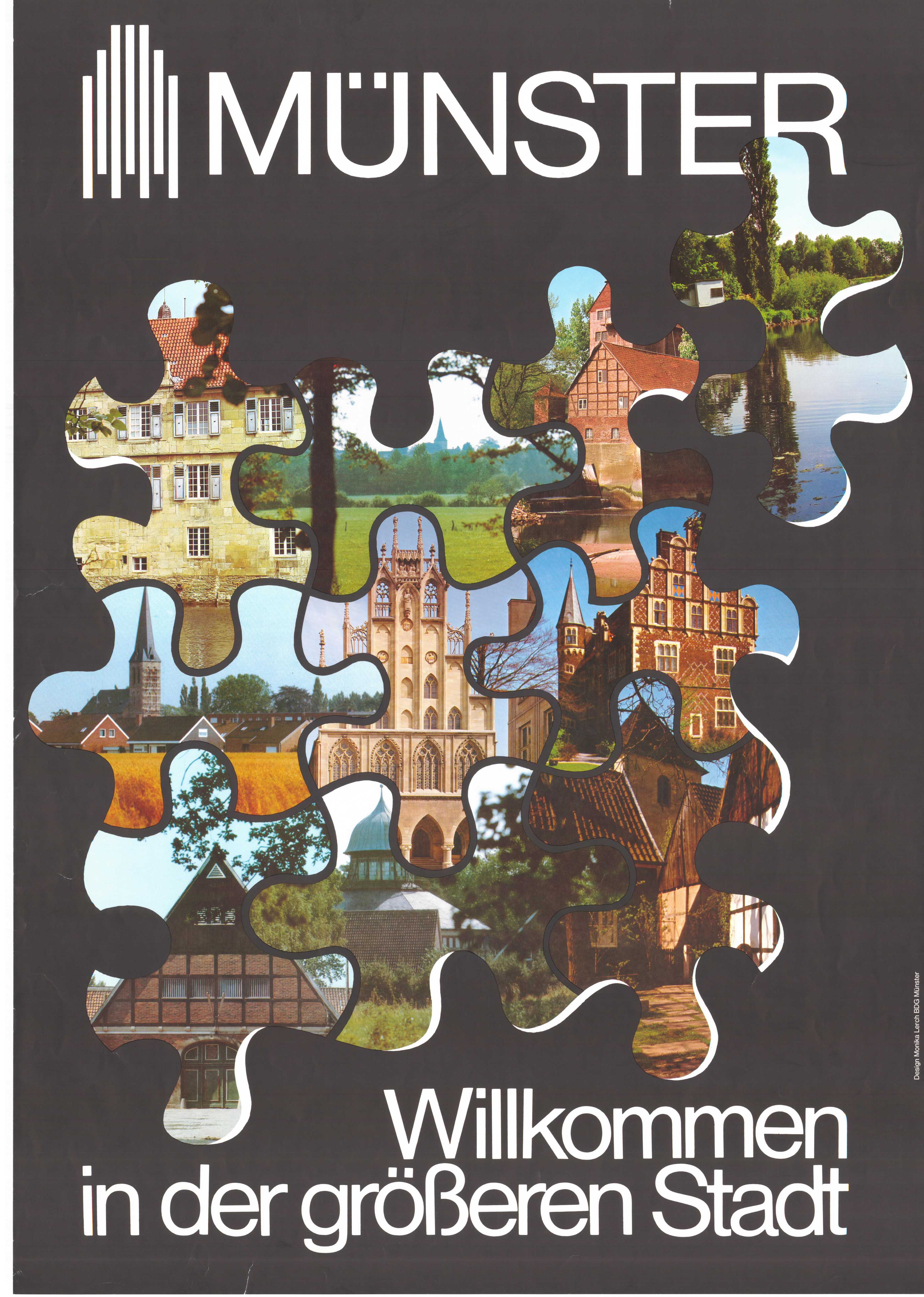 Plakat auf der Bilder verschiedener Stadtteile Münster in der Form von Puzzleteilen dargestellt wird