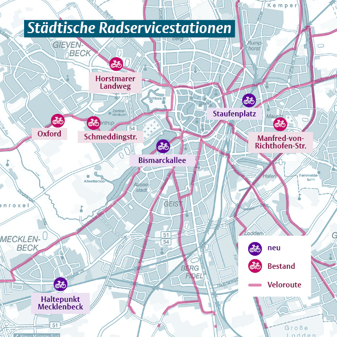Grafik zeigt die sieben Standorte der städtischen Radservicestationen im Stadtgebiet