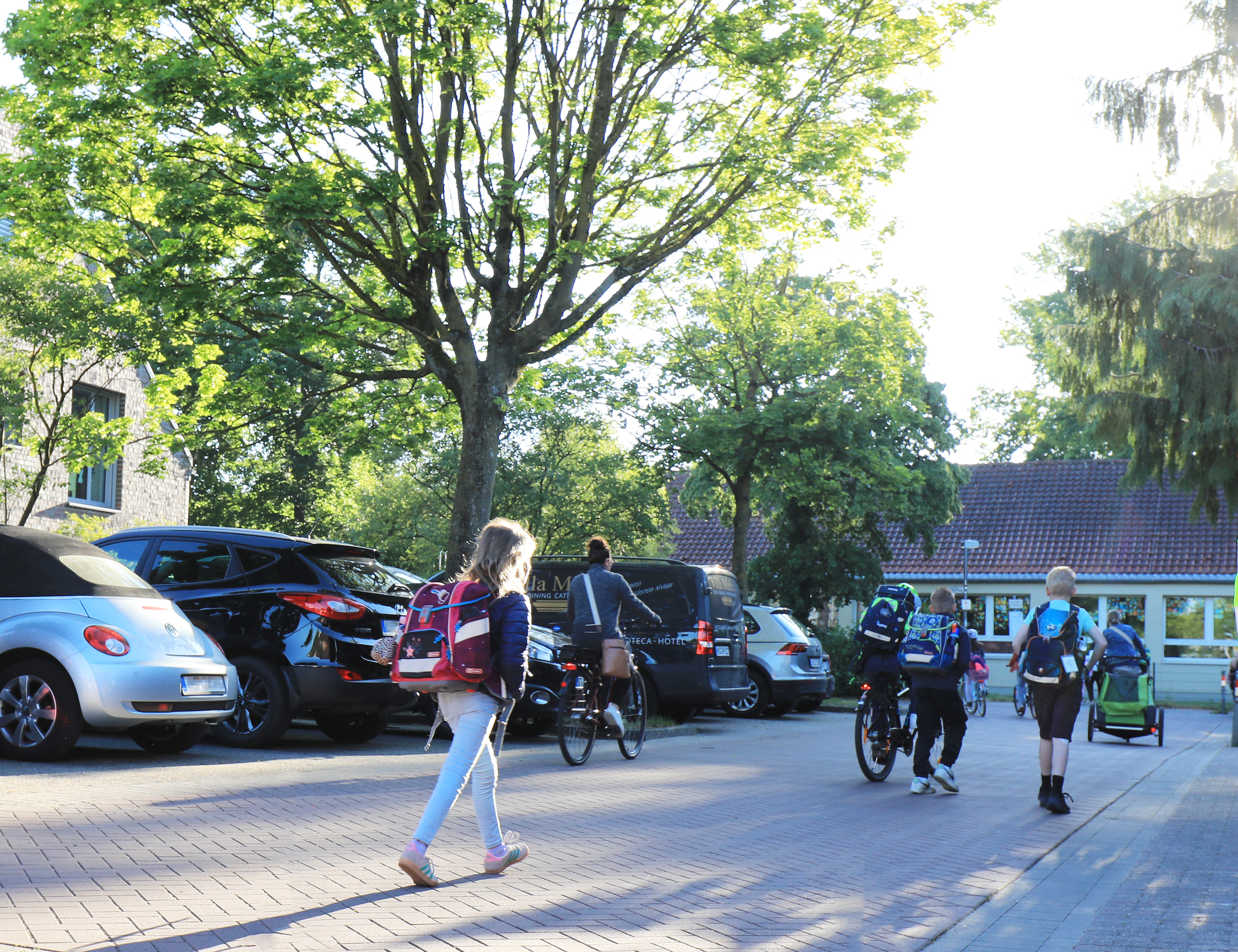 Schülerinnen und Schüler, die mit ihren Rucksäcken an einer Reihe von geparkten Autos vorbei auf die Schule zulaufen.