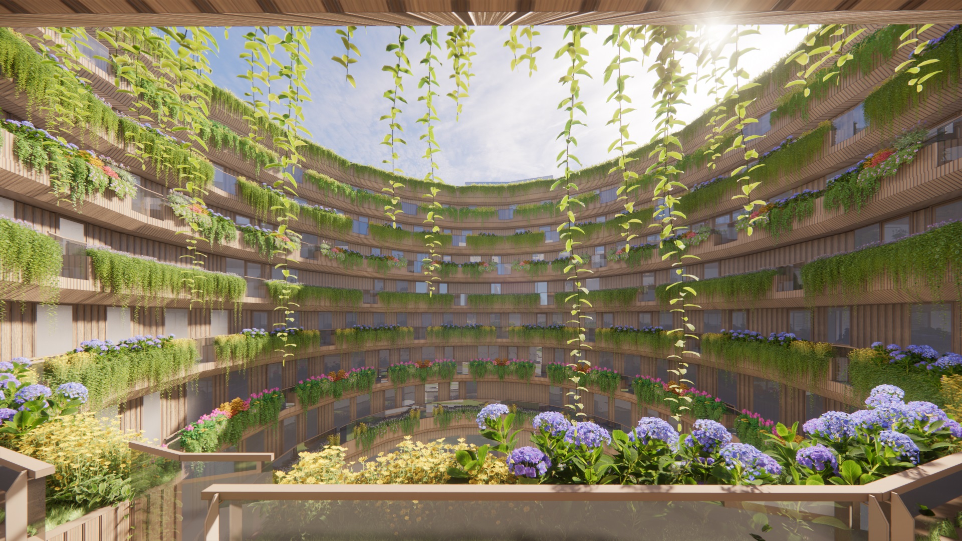 Visualisierung des mit Wohnungen ausgebauten Gasometers. Im begrünten Gasometer sind an den inneren Wänden begrünte Balkone und Fenster bzw. Glasscheiben zu erkennen.