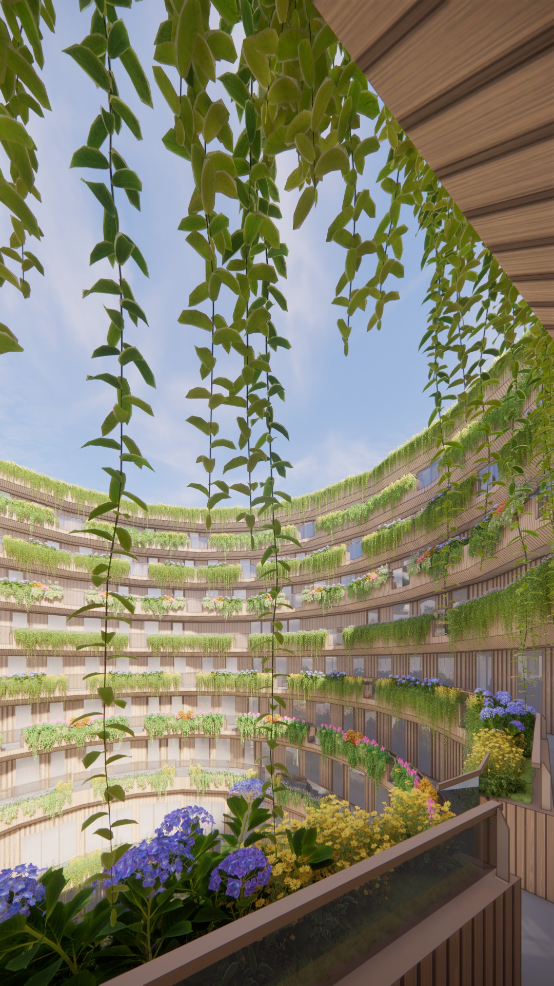 Visualisierung des mit Wohnungen ausgebauten Gasometers. Im begrünten Gasometer sind an den inneren Wänden begrünte Balkone und Fenster bzw. Glasscheiben zu erkennen.
