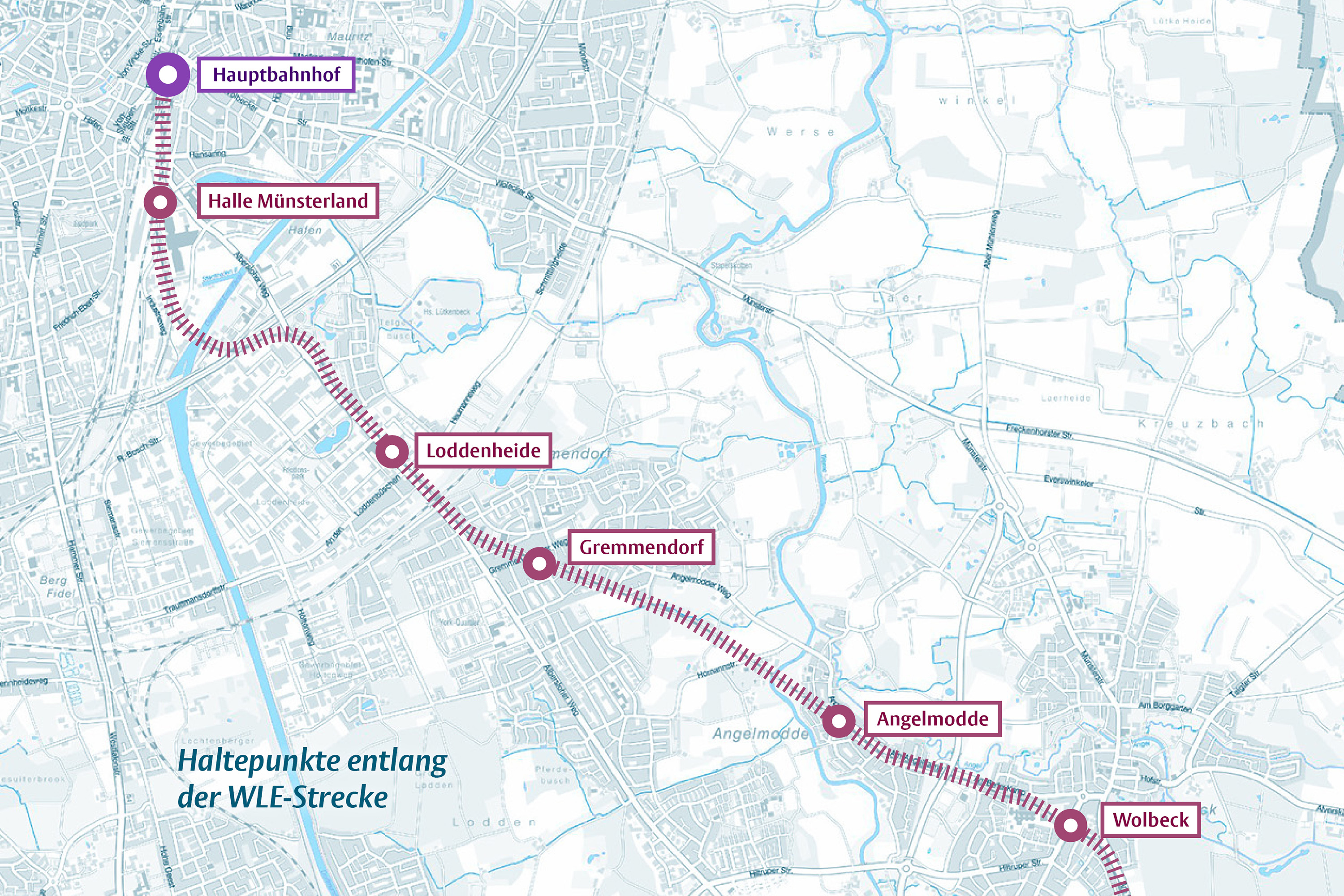 Verlauf der WLE-Strecke vom Münster Bauptbahnhof bis nach Wolbeck