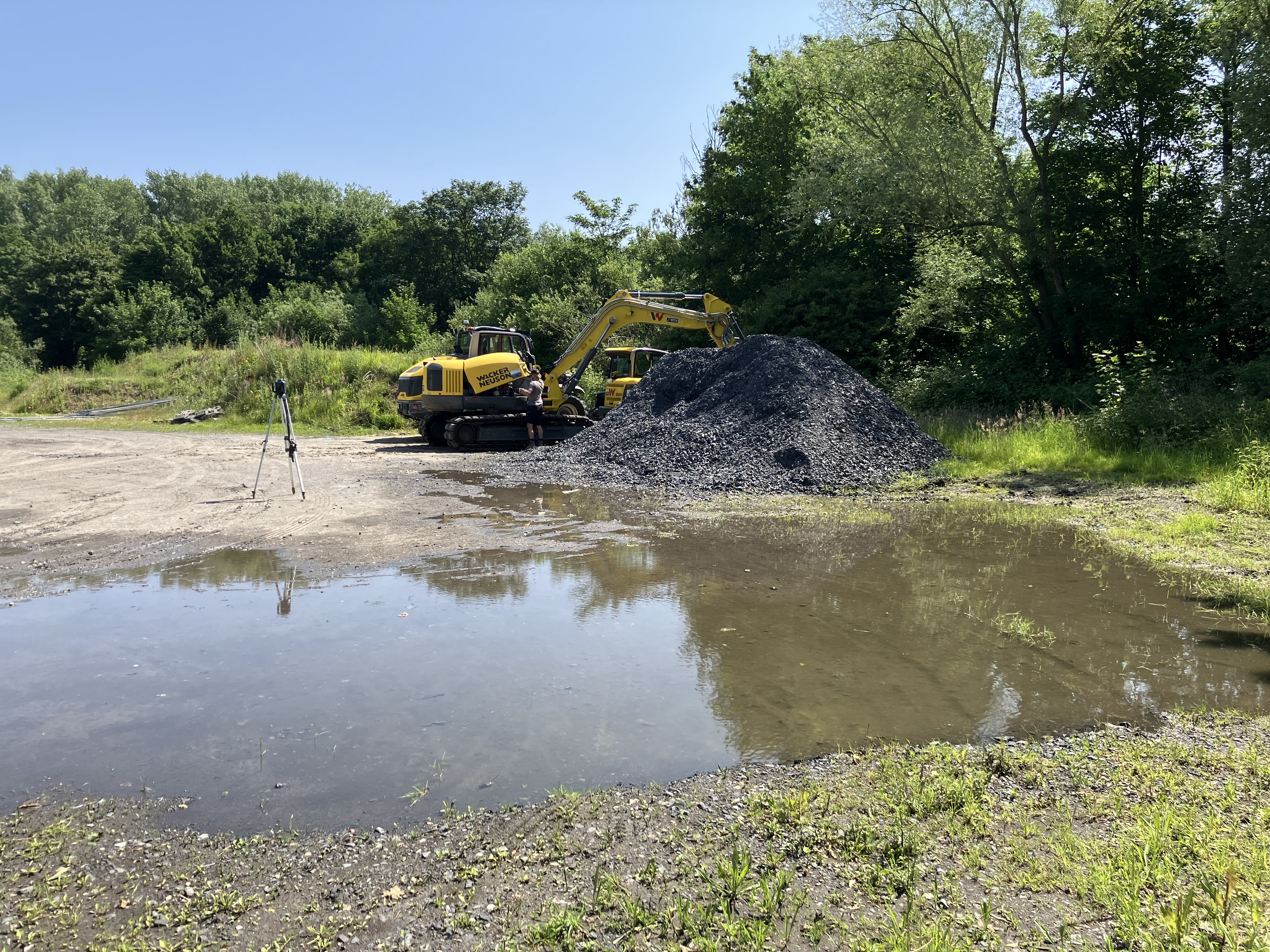 Ein Bagger steht vor Bäumen. Im Vordergrund ist Wasser.