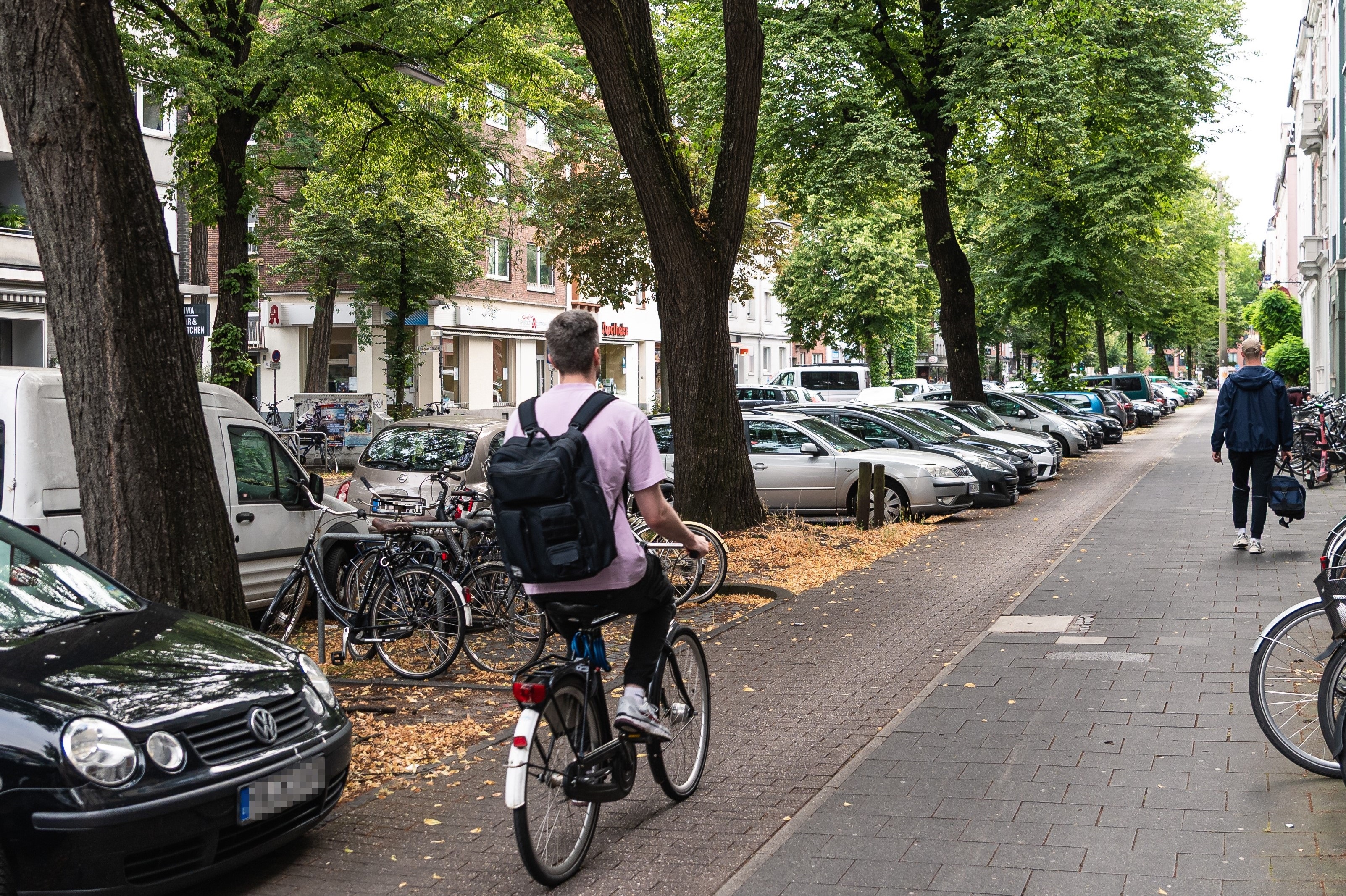 Fahrradfahrer fährt über Radweg am Hansaring, im Hintergrund stehen viel parkende Autos, die teilweise den Radweg blockieren.