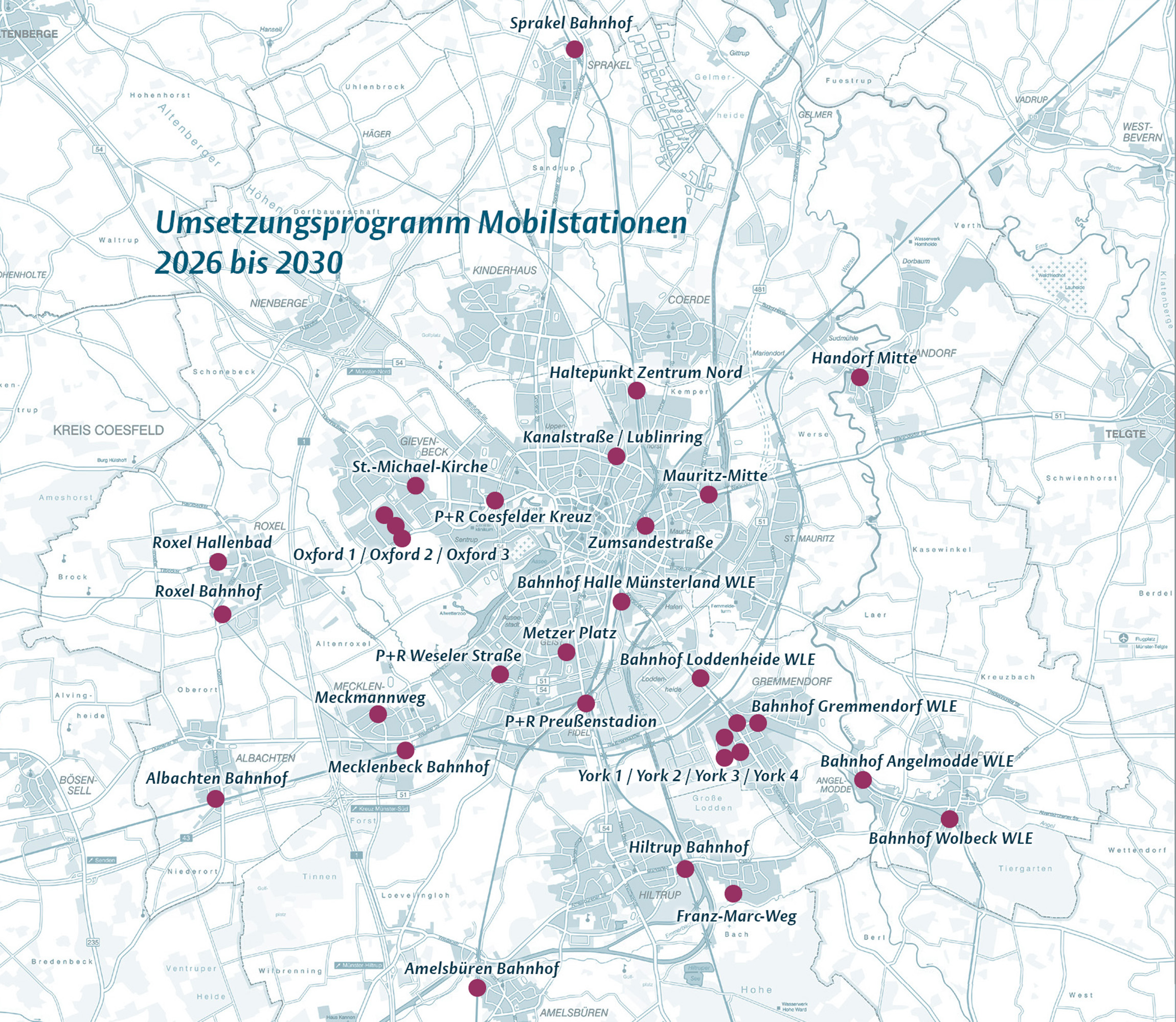 Stadtplan von Münster mit eingezeichneten Mobilstationen