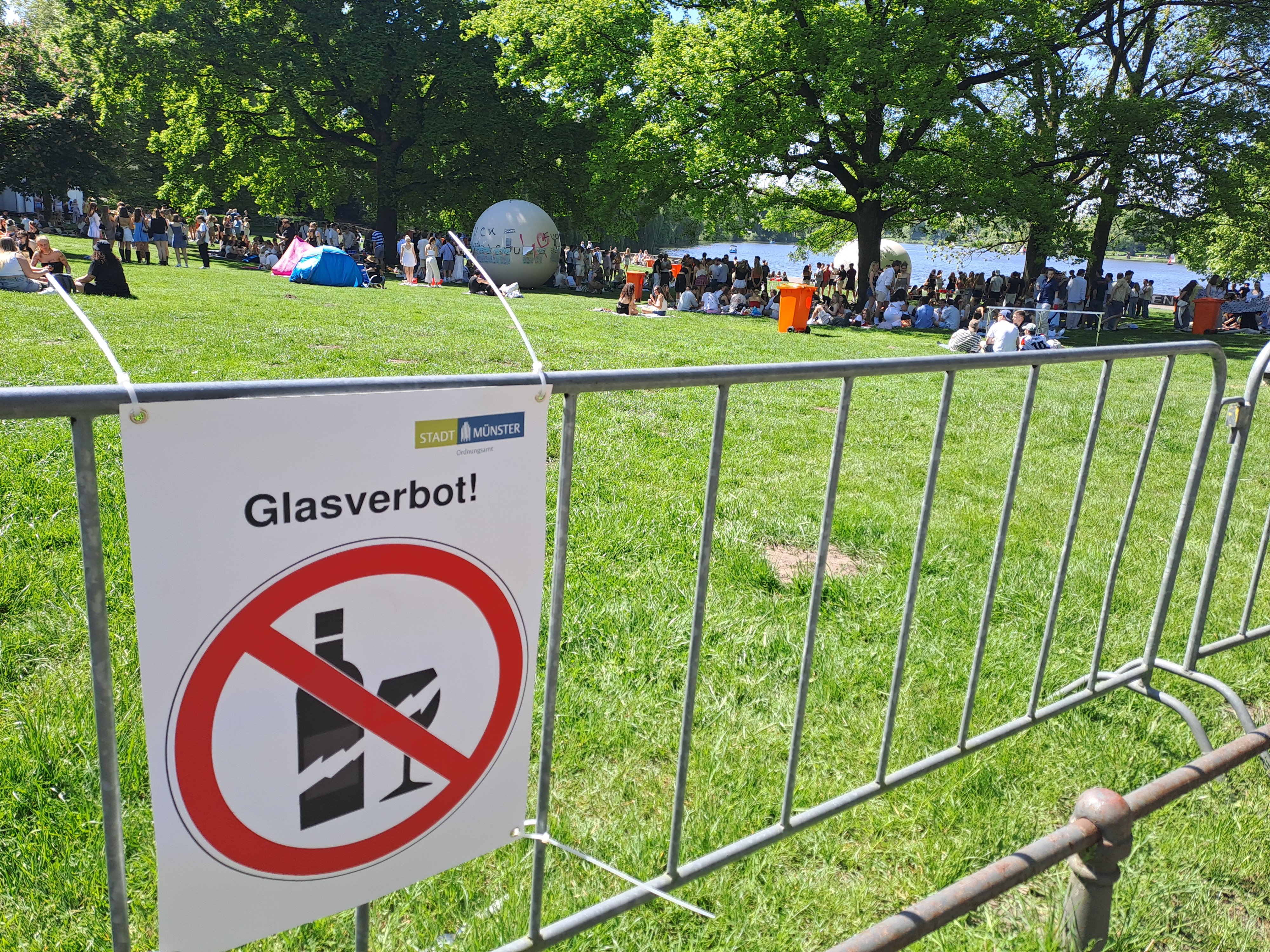Ein Glasverbotsschild an einem Bauzaun, im Hintergrund die Aaseekugeln und der Aasee