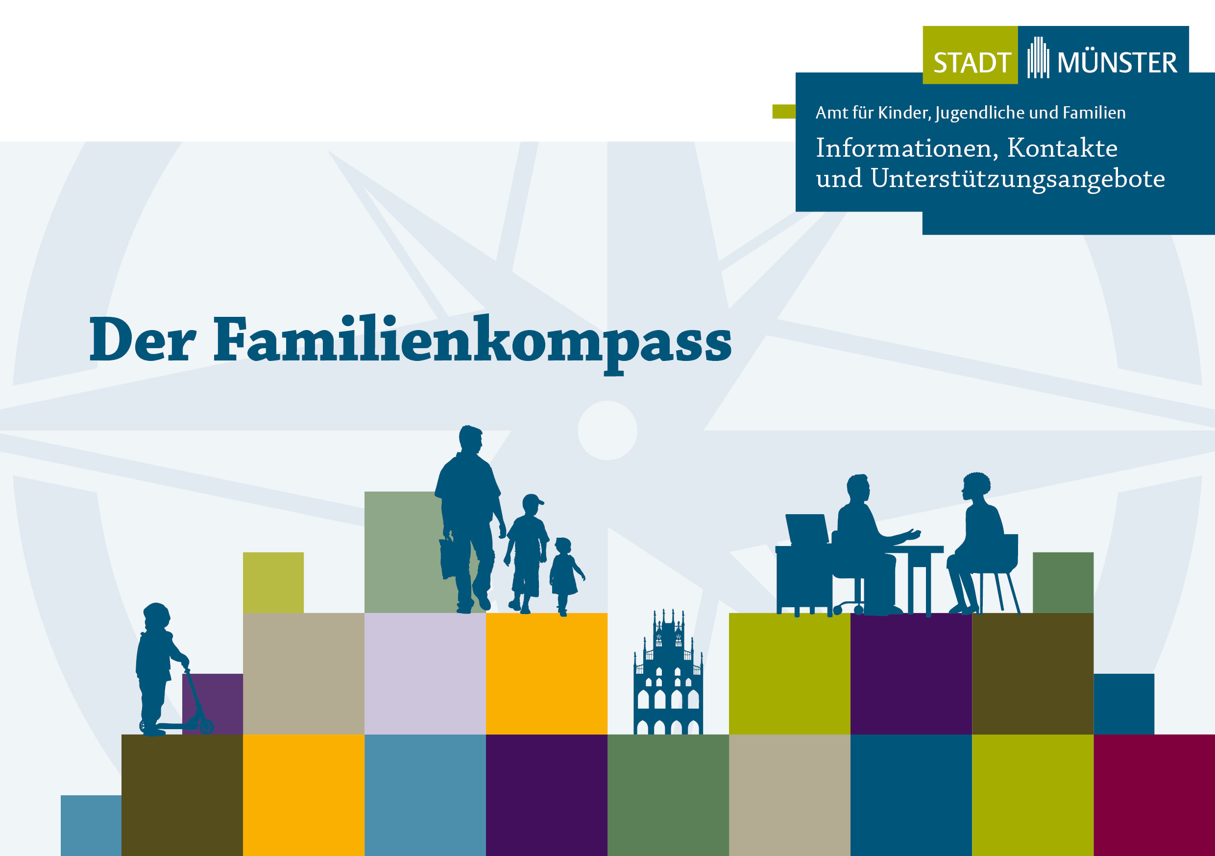 Illustration mit Silhouetten von Personen auf bunten Kästchen stehend