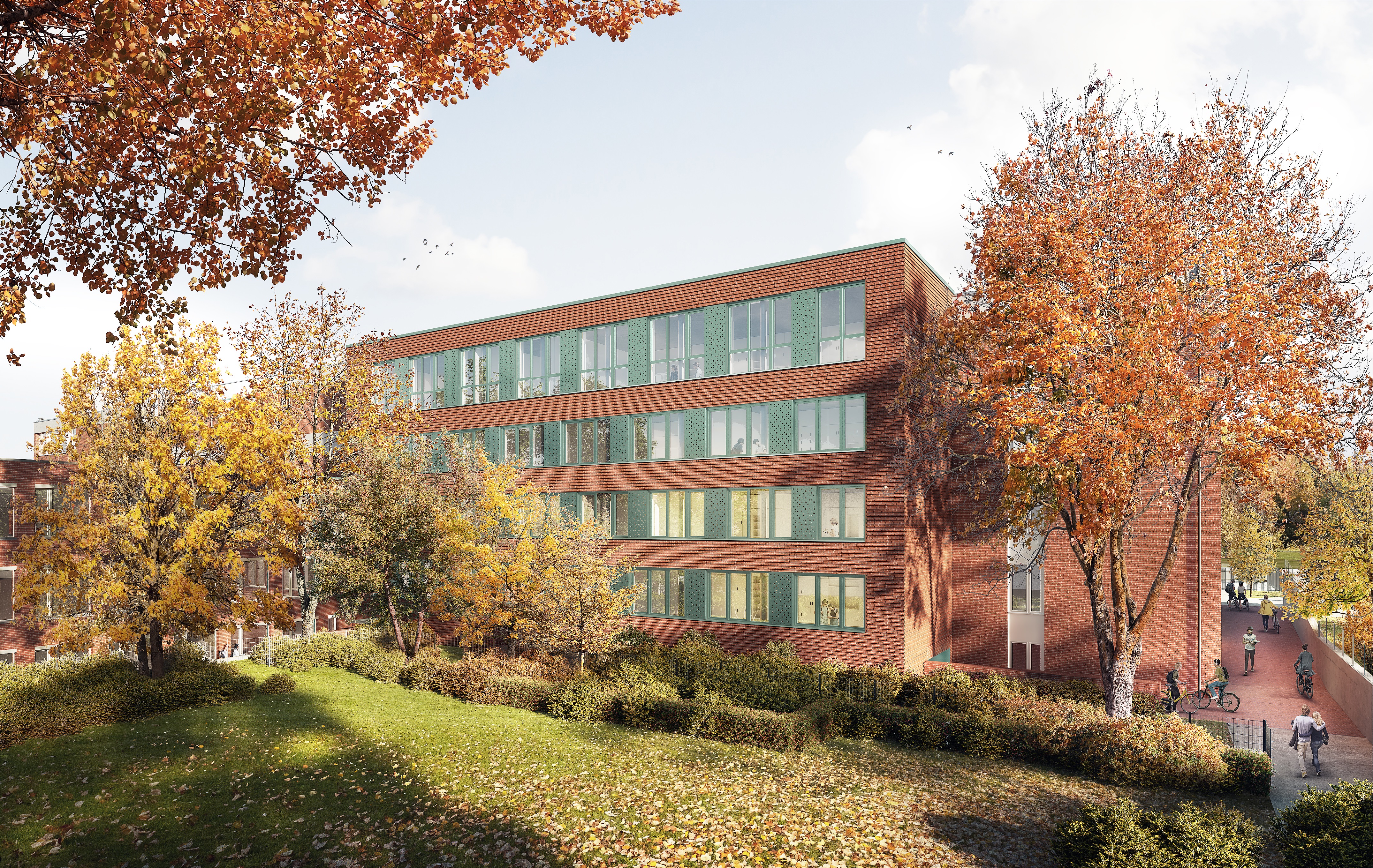 Visualisierung: Das fünfgeschössige Gebäude mit Backsteinen. Dazu sind Bäume mit Herbstlaub zu sehen. 