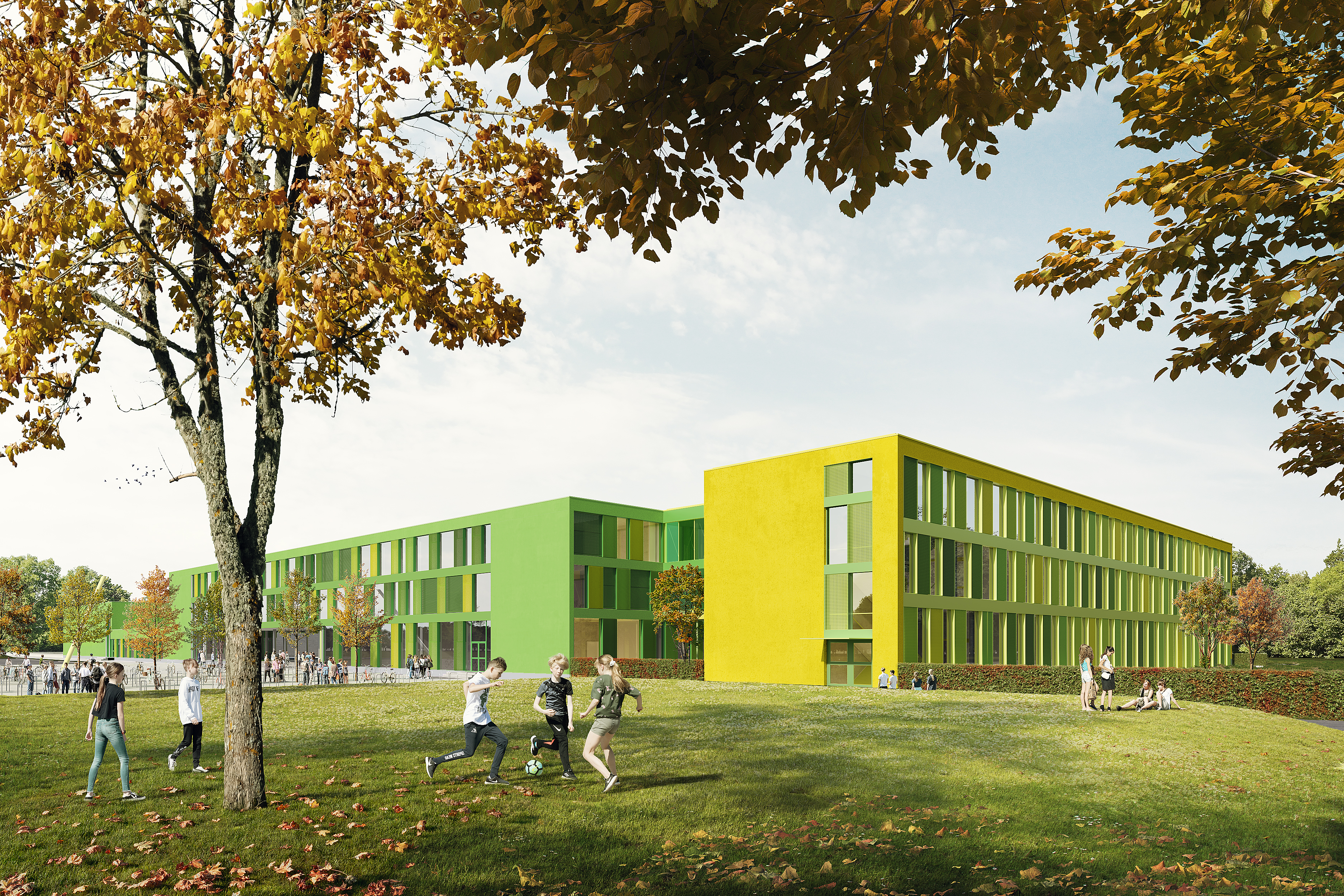 Visualisierung des Erweiterungsbaus: Ein gelbes und ein grünes Gebäude im Hintergrund. Im Vordergrund spielen Kinder. 
