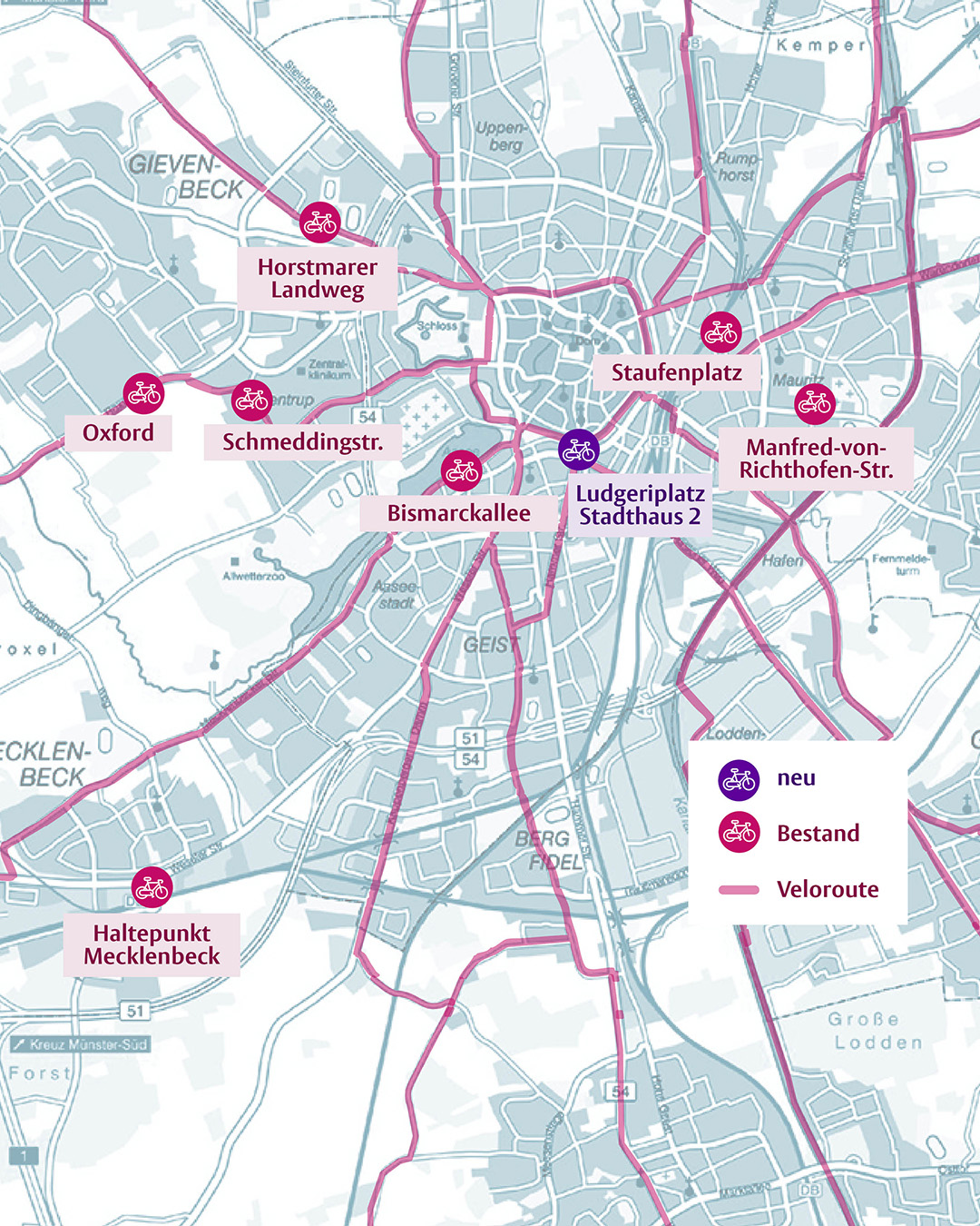 Kartendarstellung aller Radservicestationen im Gebiet der Stadt Münster