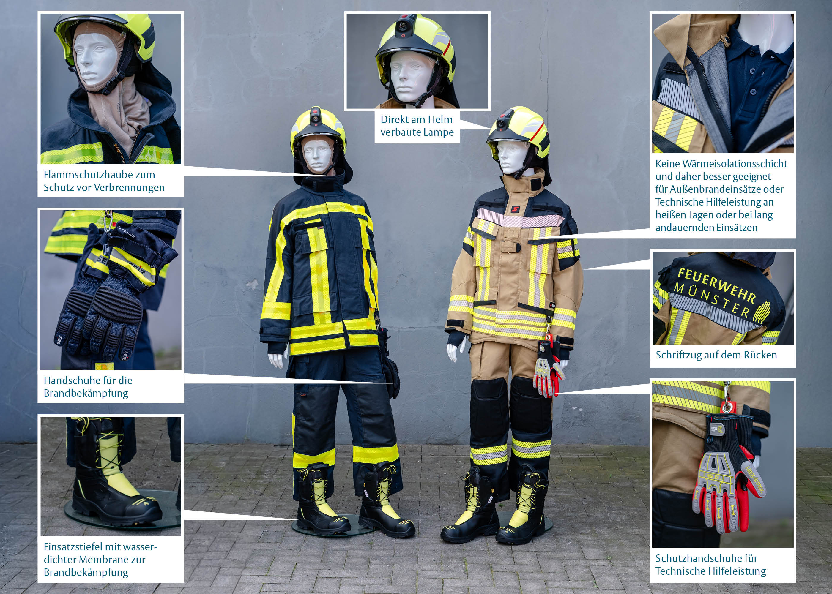 Zwei Feuerwehrmänner tragen unterschiedliche Jacken und stehen mit dem Rücken zur Kamera vor einem verbeulten Auto.