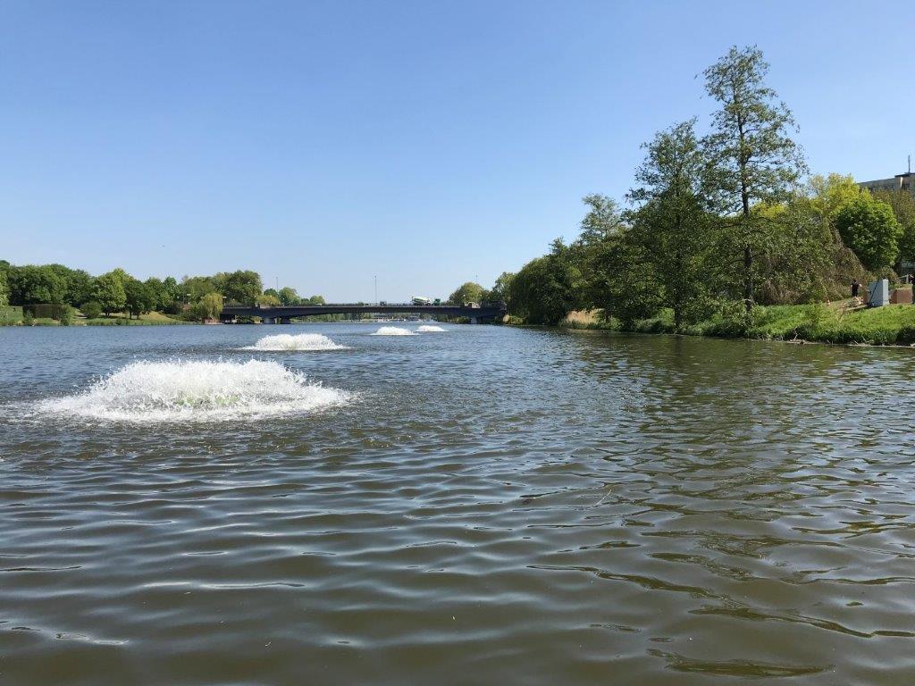 Wasserfläche mit grünem Ufer und mehreren sprudelnden "Inseln"