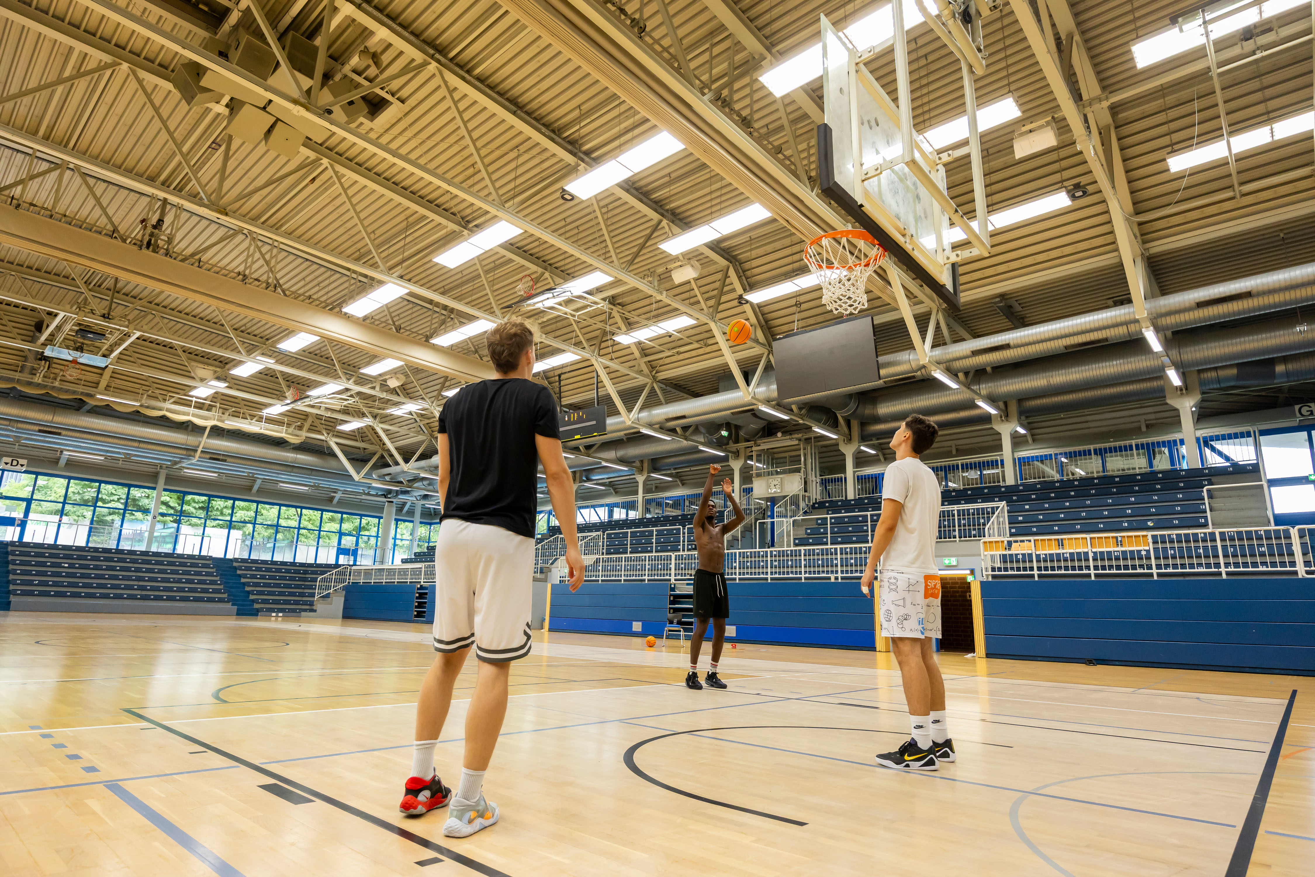Drei Männer spielen Basketball, über ihnen an der Decke hängt die neue LED-BEleuchtung