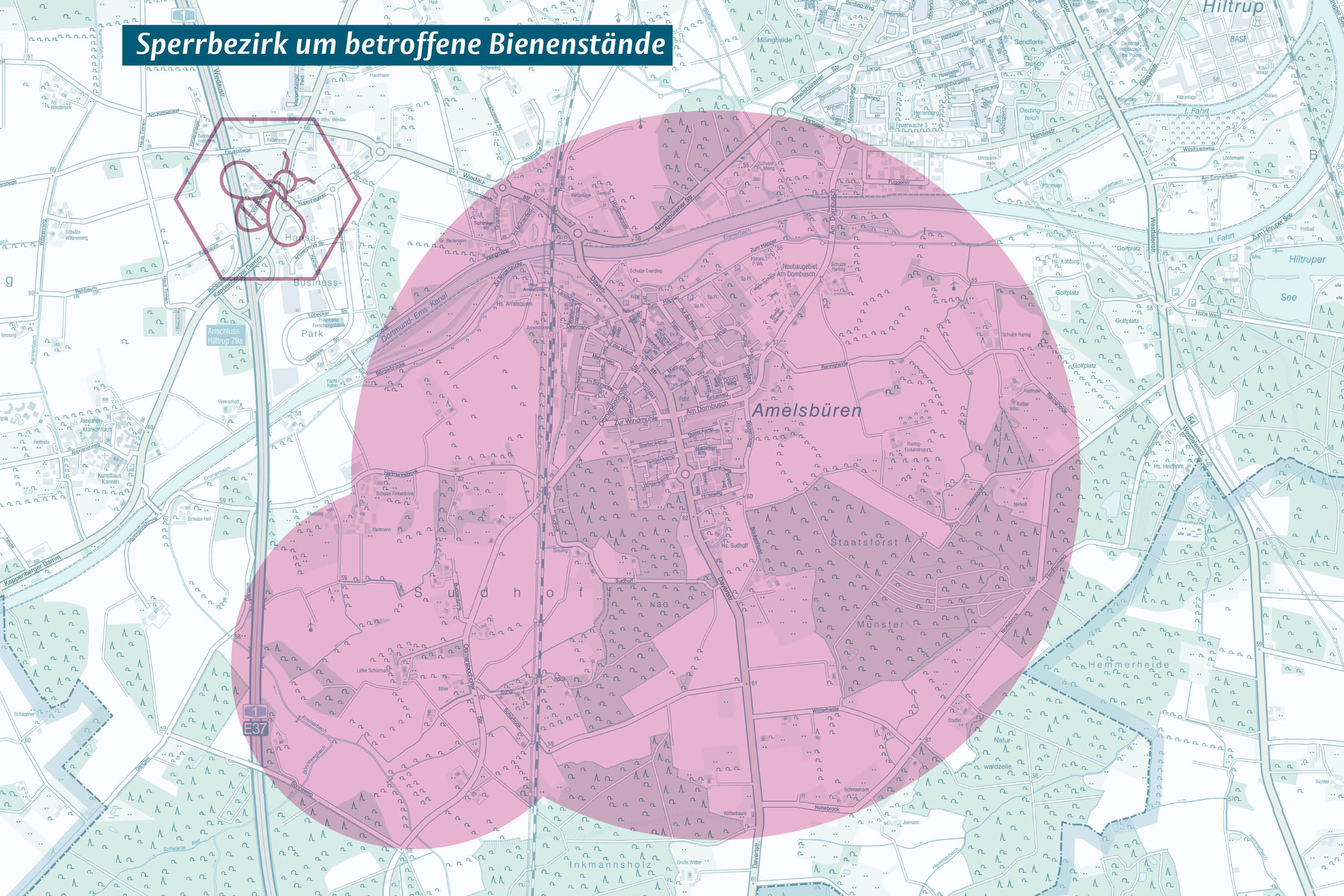 Karte mit eingezeichnetem Sperrbezirk