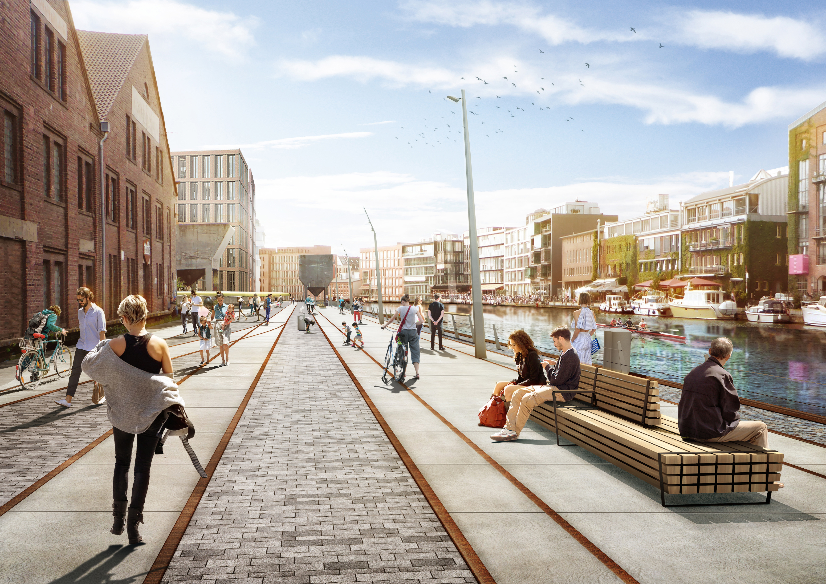 Visualisierung einer zukünftigen Szene am Hafen mit neuem barrierefreien Weg