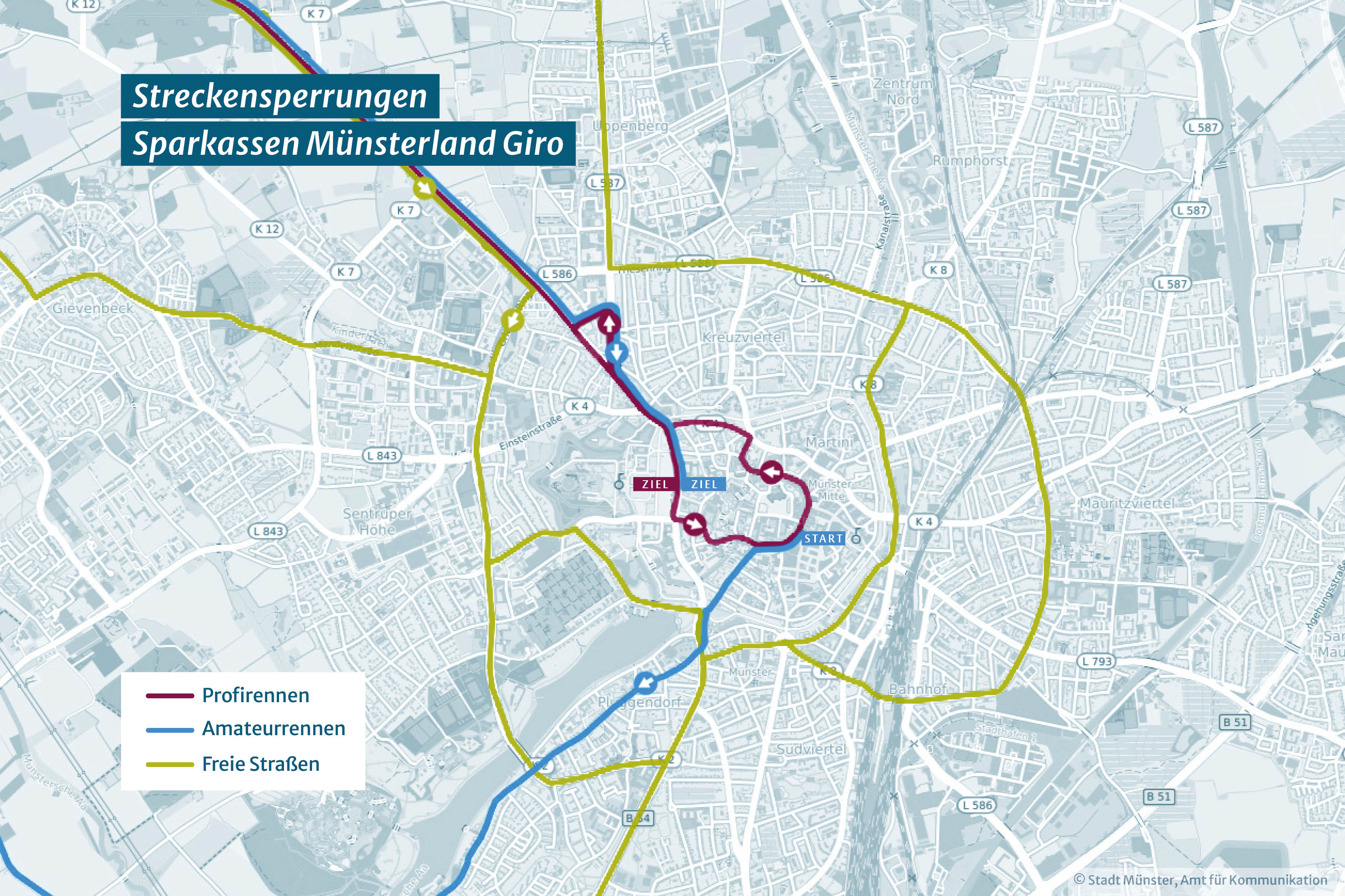 Eine Karte zeigt, wo der Münsterland Giro entlang läuft und welche Straßen gesperrt sind