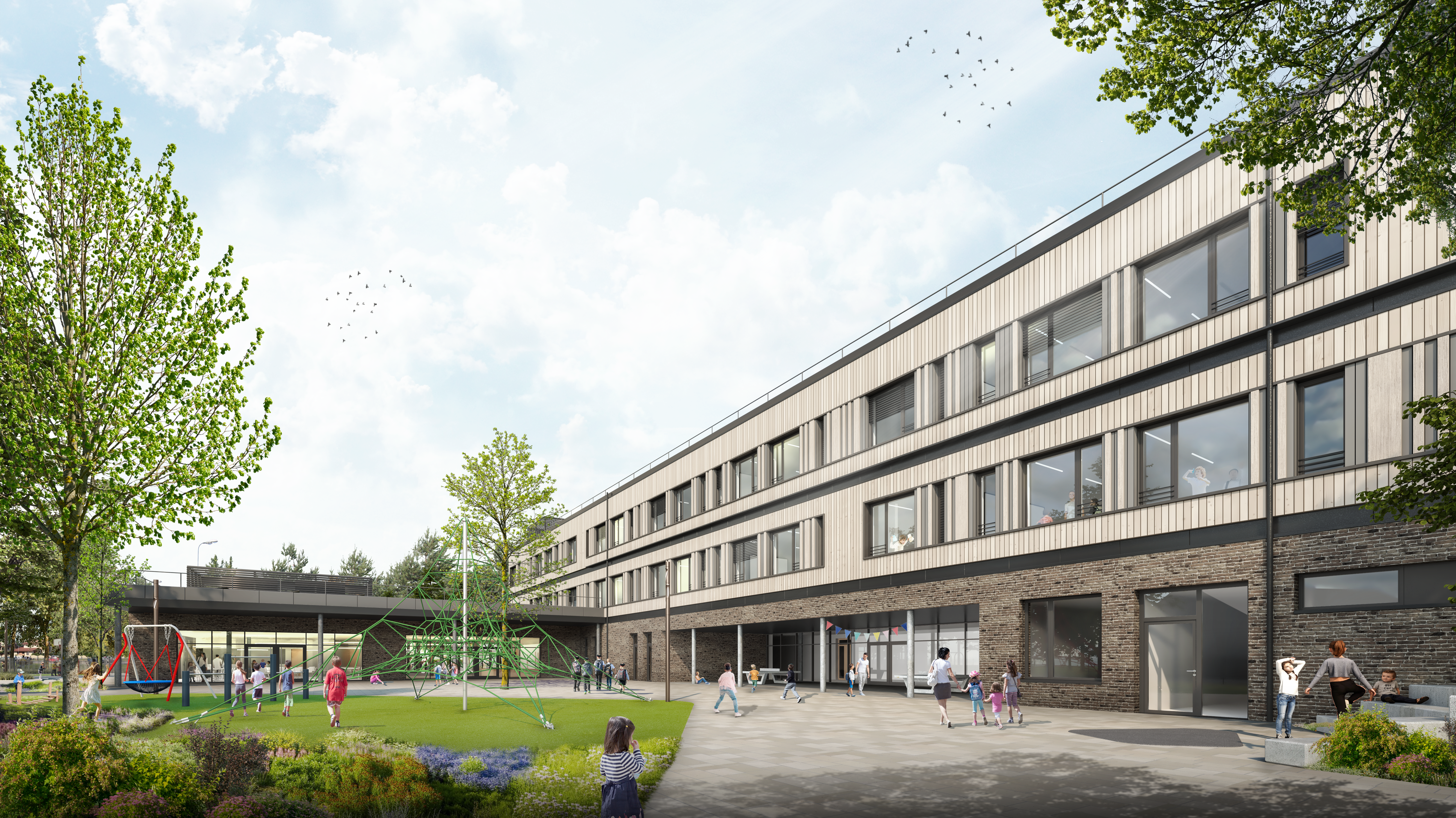 Grafische Visualisierung eines Schulgebäudes mit Schulhof und Kindern