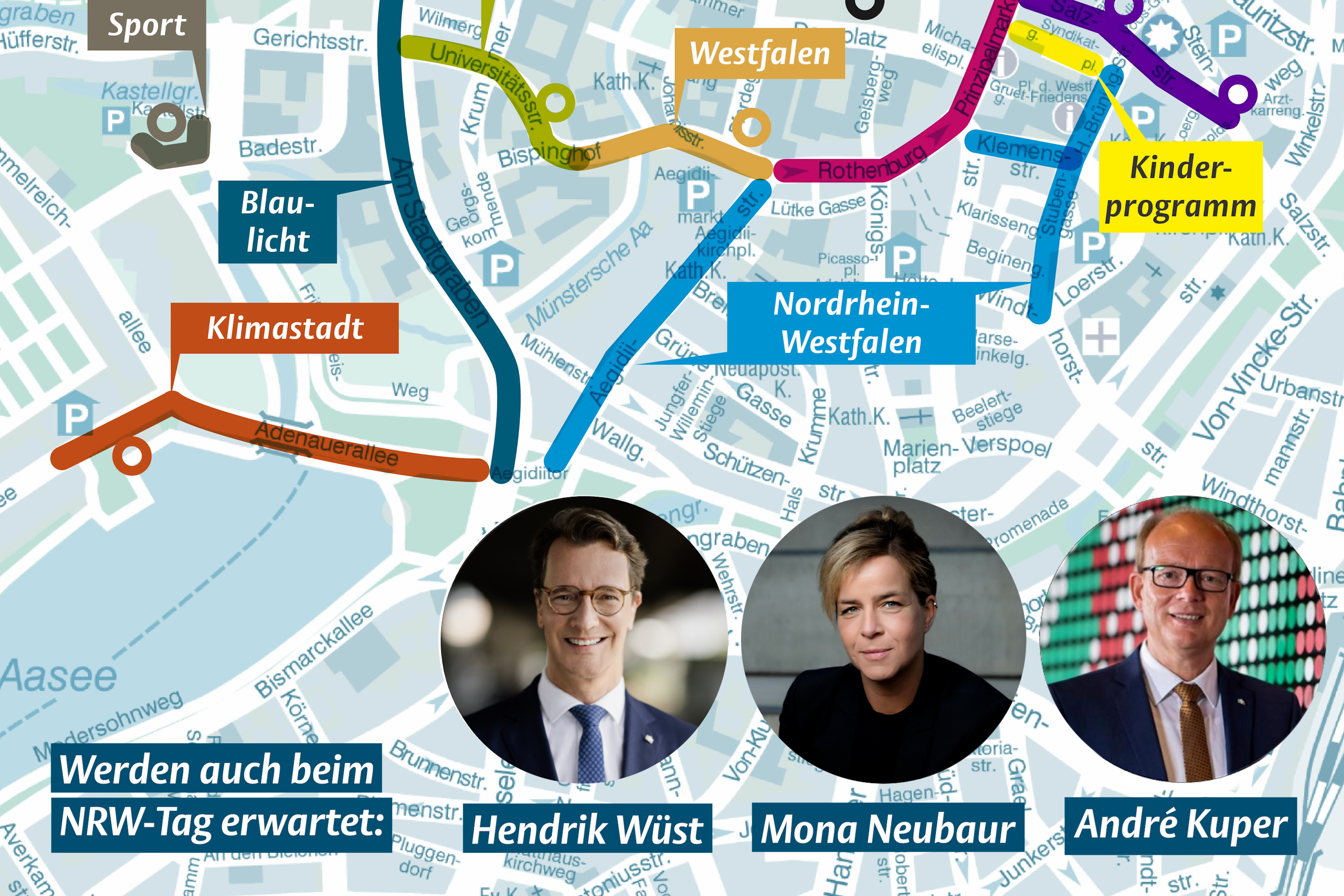 Stadtplan mit den Themenmeilen und Fotos von Hendrik Wüst, Mona Neubaur und André Kuper