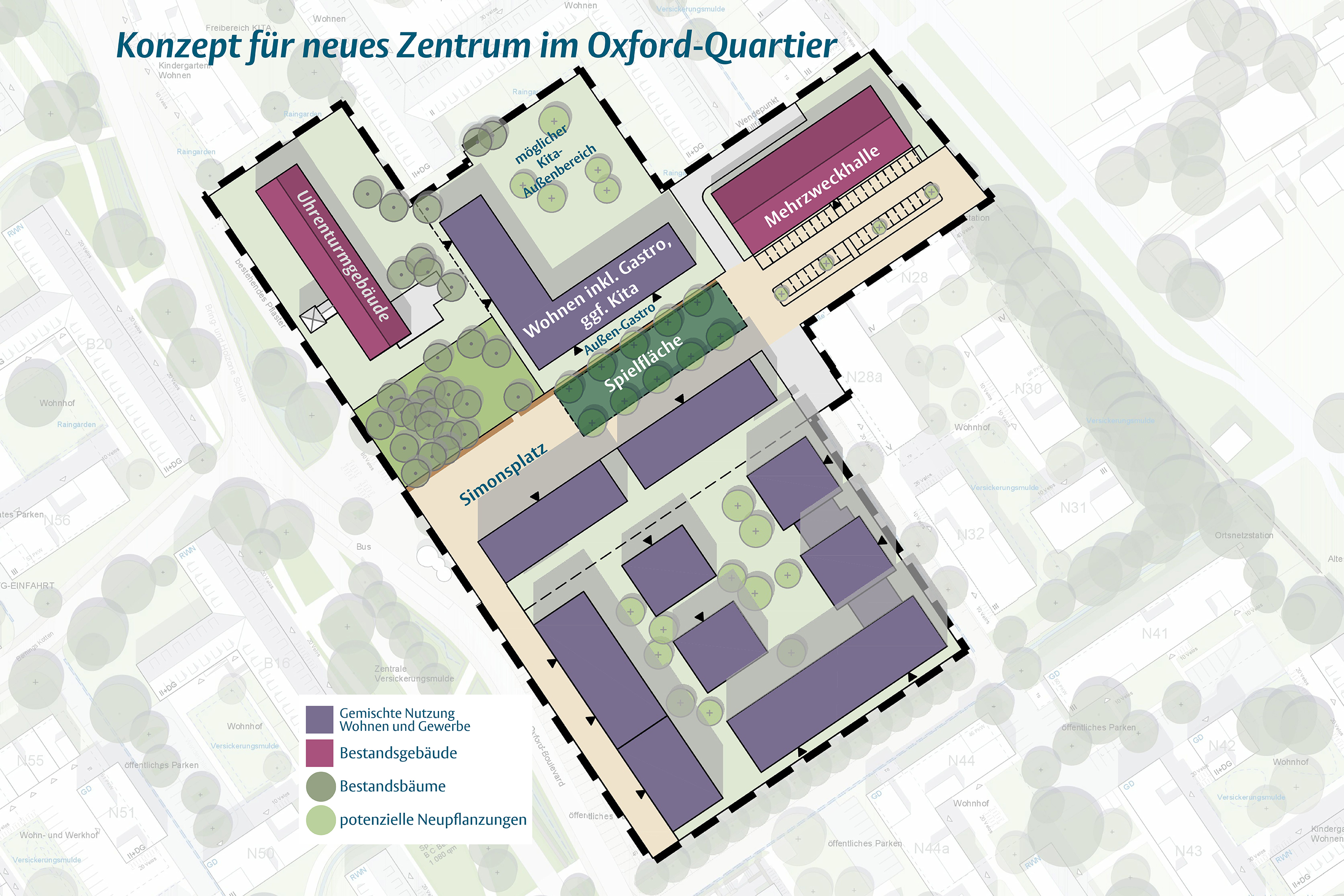 Grafik einer Karte mit farblich hervorgehobenen Gebäuden
