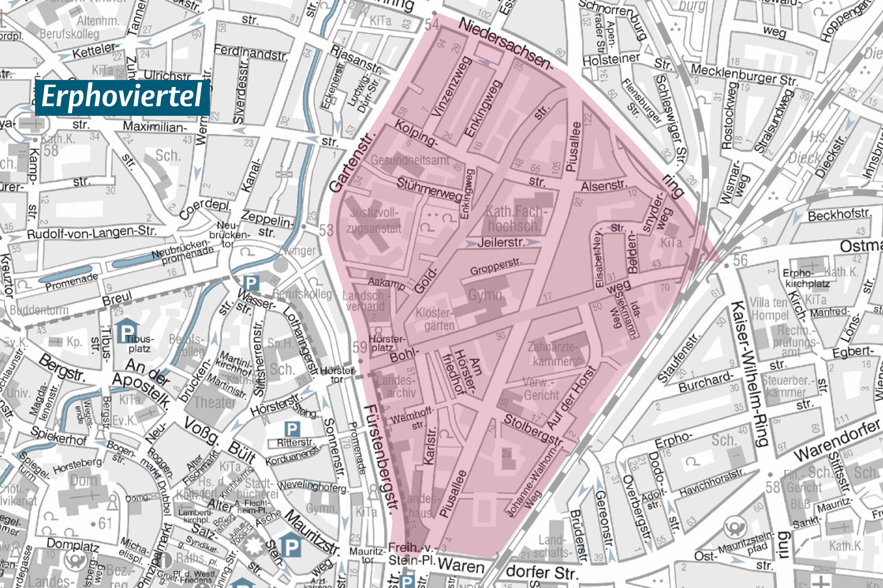 Karte des Erphoviertels in Münster mit eingezeichneten Parkflächen