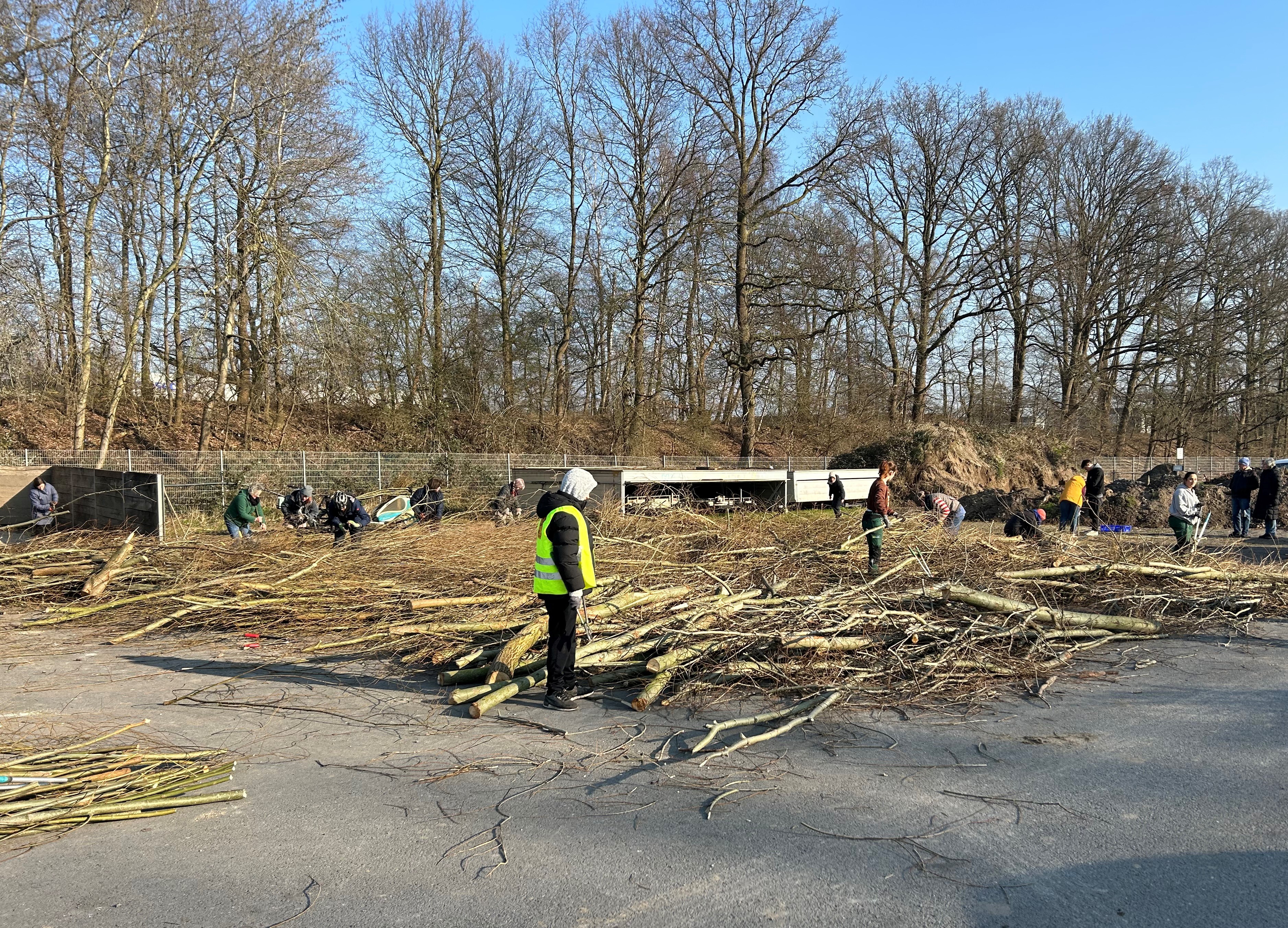 Auf einem Platz liegen Äste und Zweige. Ein Mensch mit Warnweste steht davor.