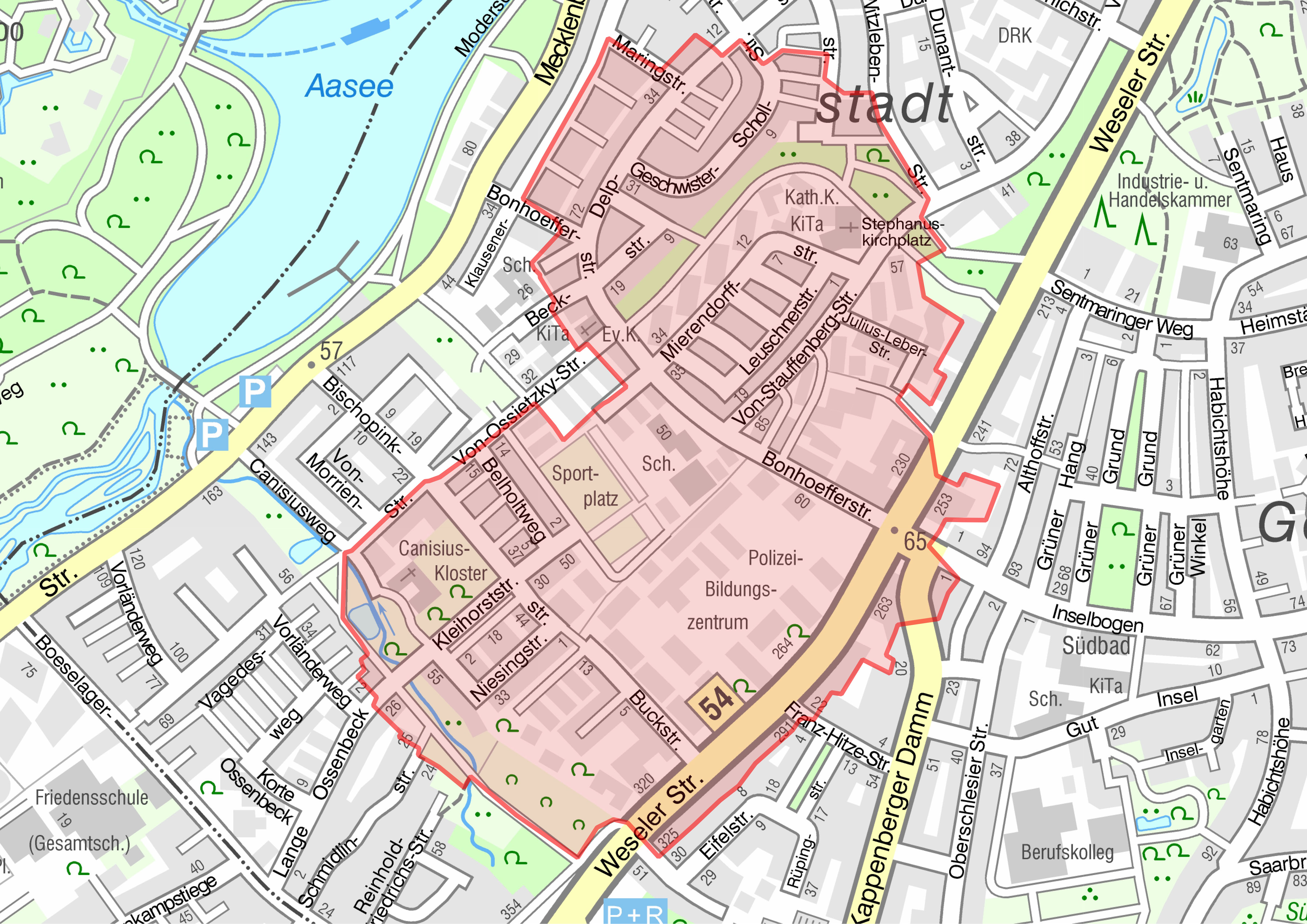 Stadtplanausschnitt mit rot markiertem Evakuierungsbereich