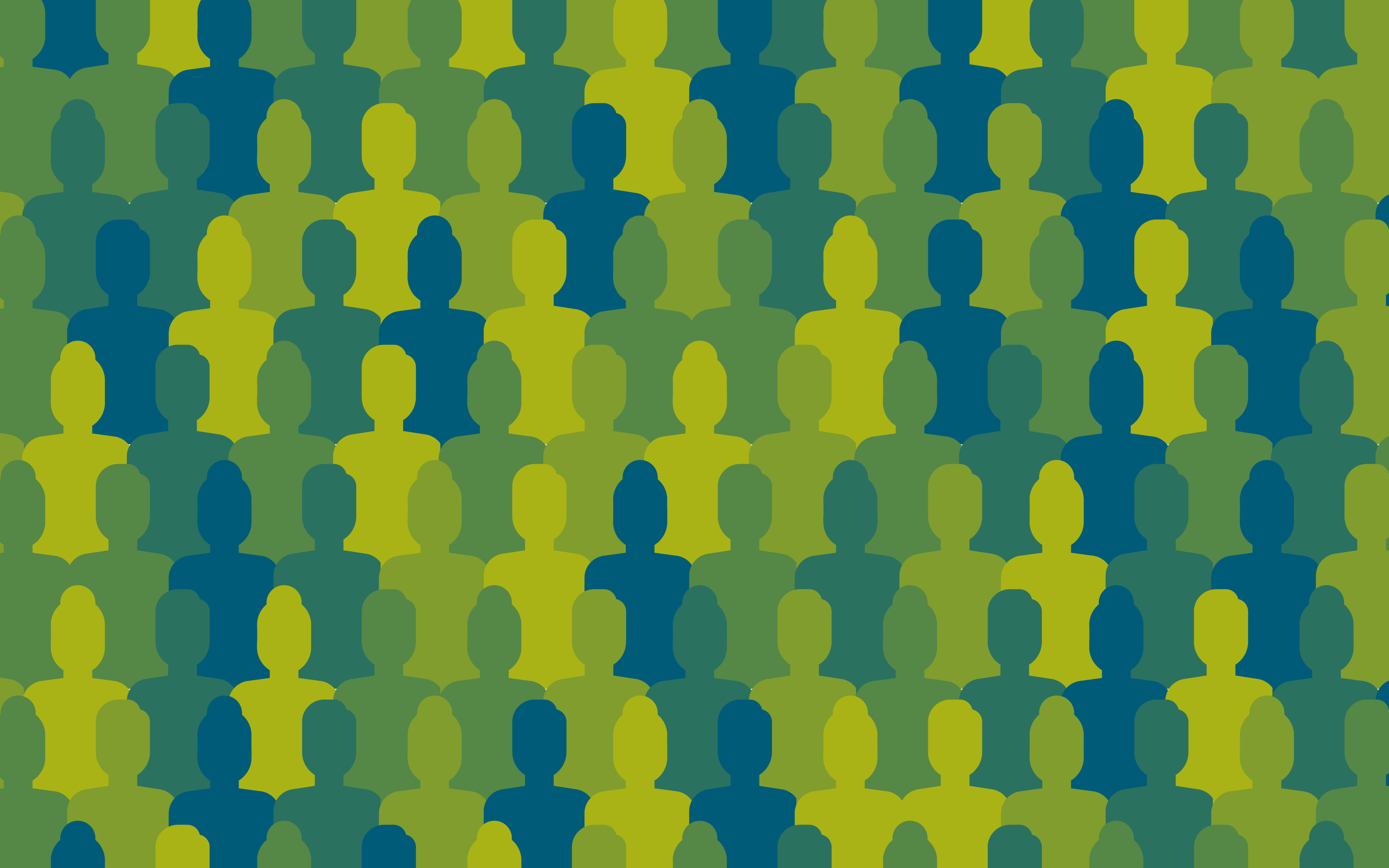 Illustration vieler aneinandergereihter Figuren und Blau- und Grüntönen