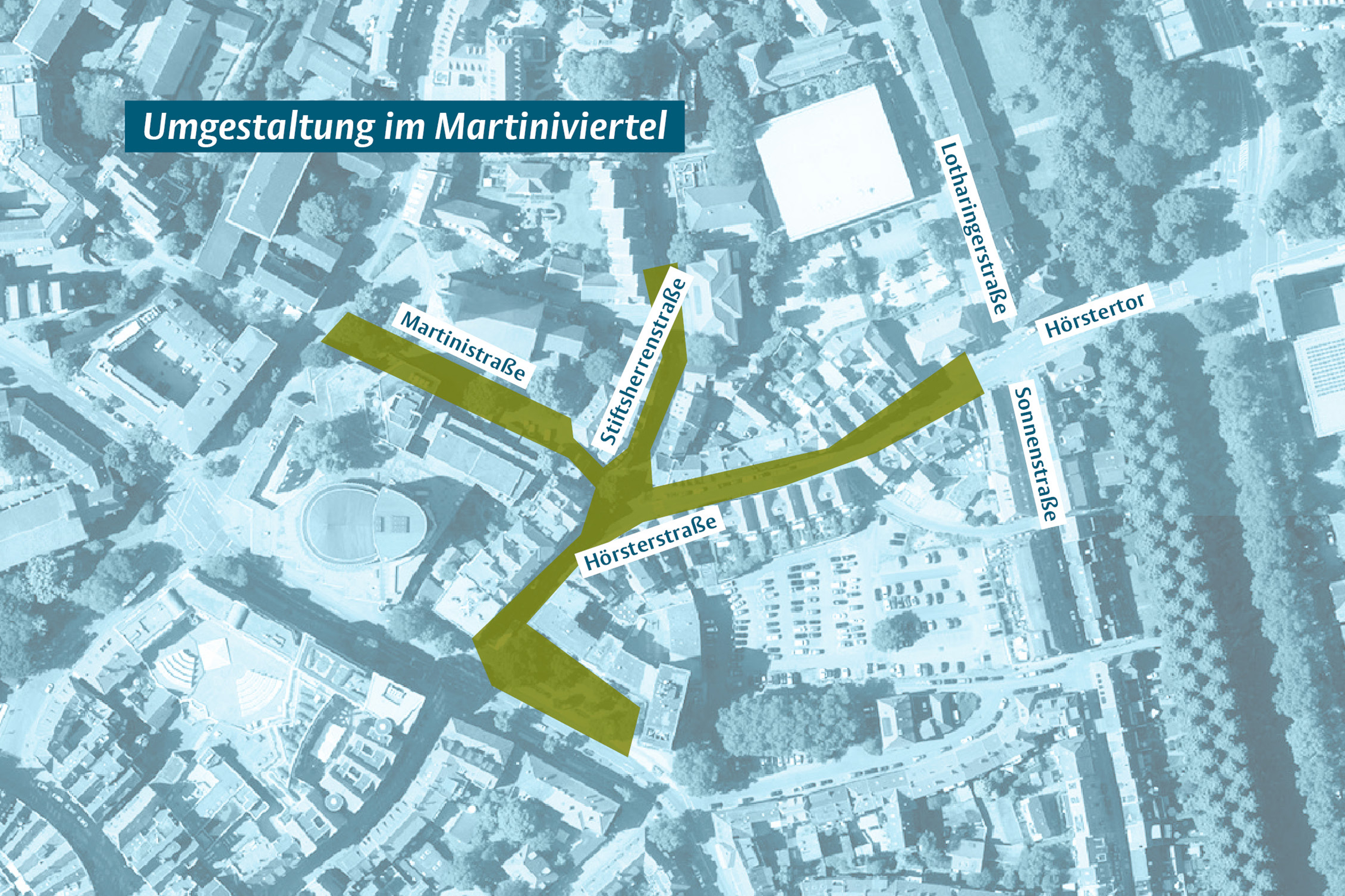 Stadtplan mit markierten Straßenzügen, die umgestaltet werden sollen.
