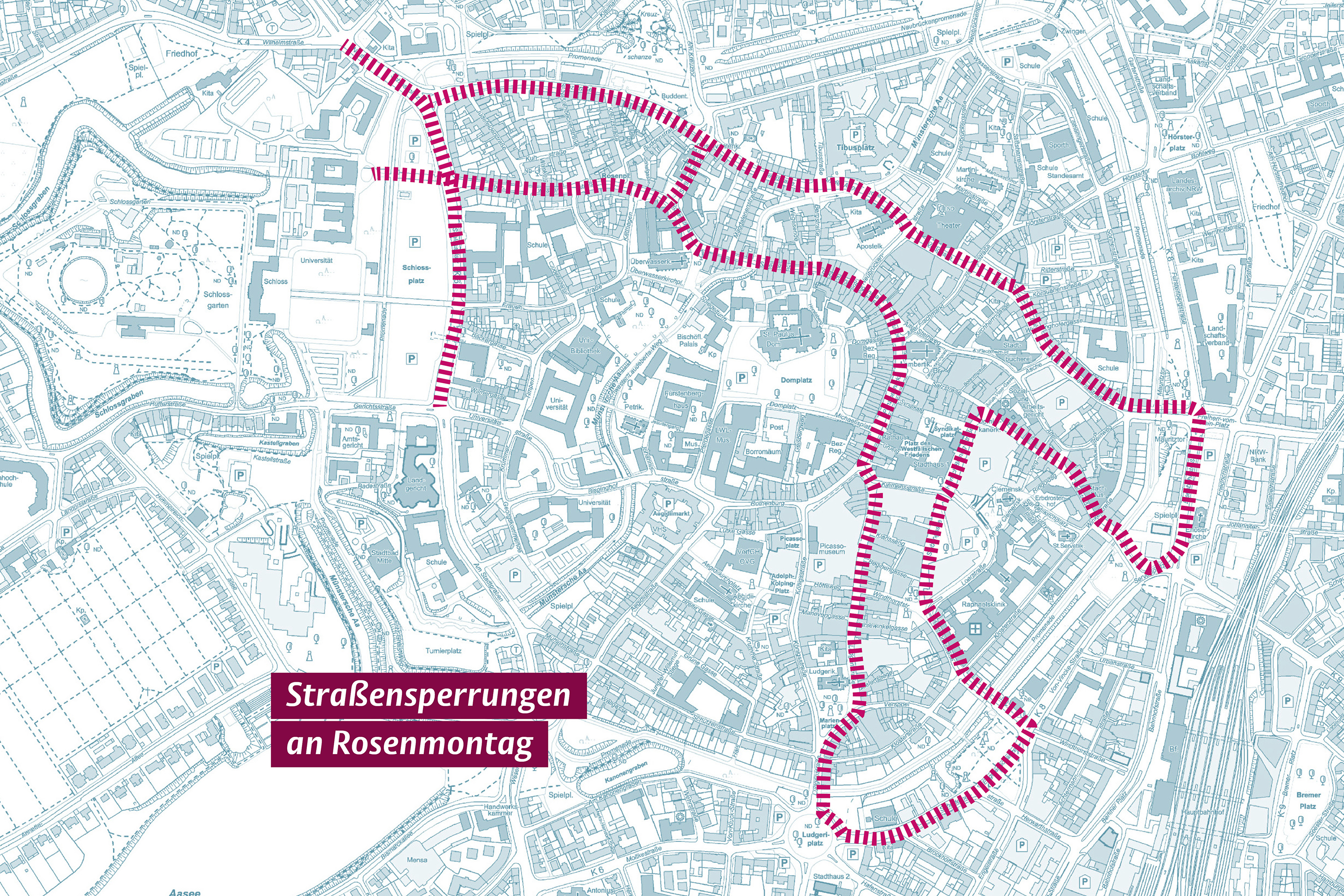 Stadtplan mit Streckenverlauf des Rosenmontagsumzuges inklusive Straßensperrungen