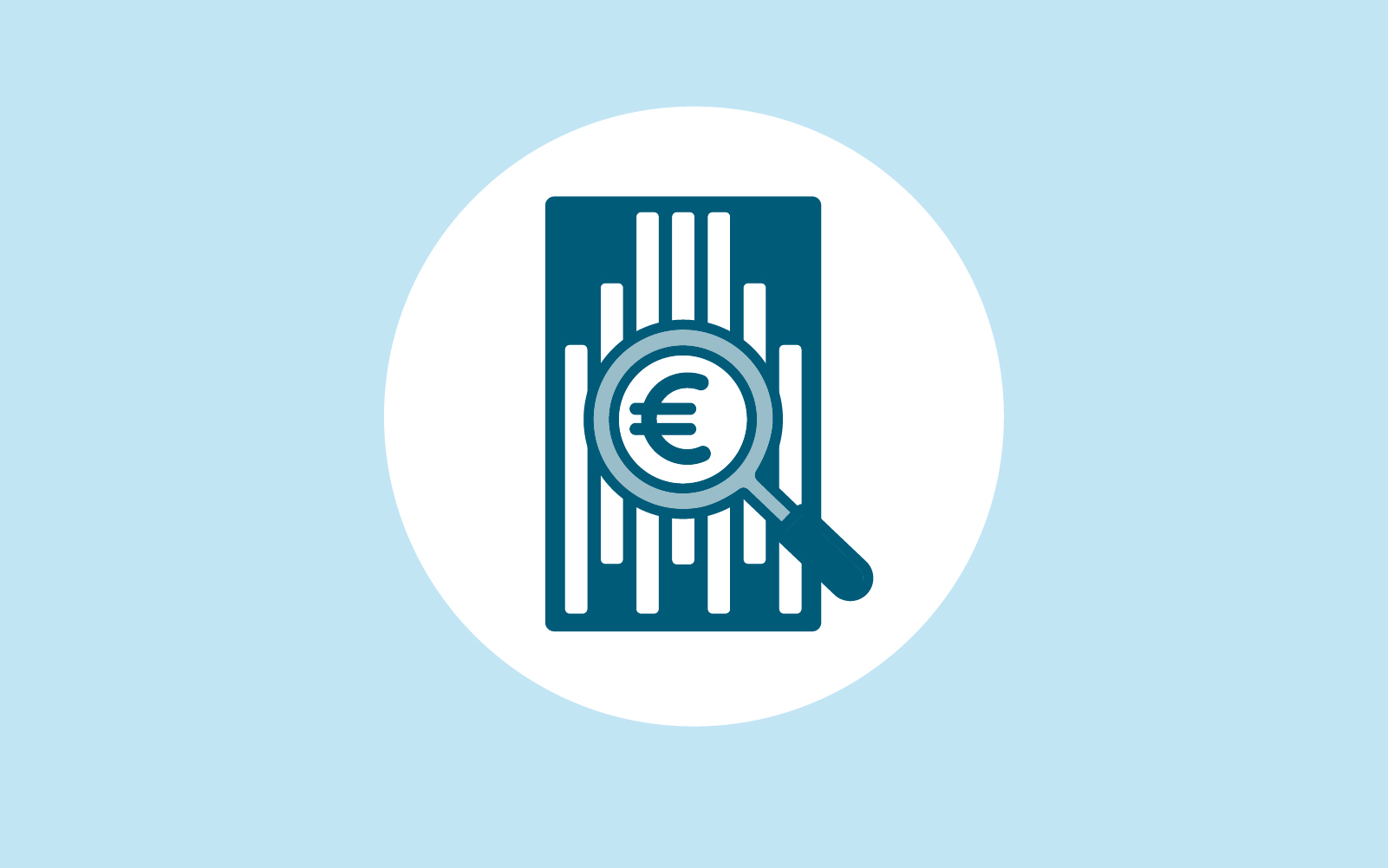 Blaues Logo bestehend aus dem Logo des Rathauses, einem Euro-Zeichen und einer Lupe