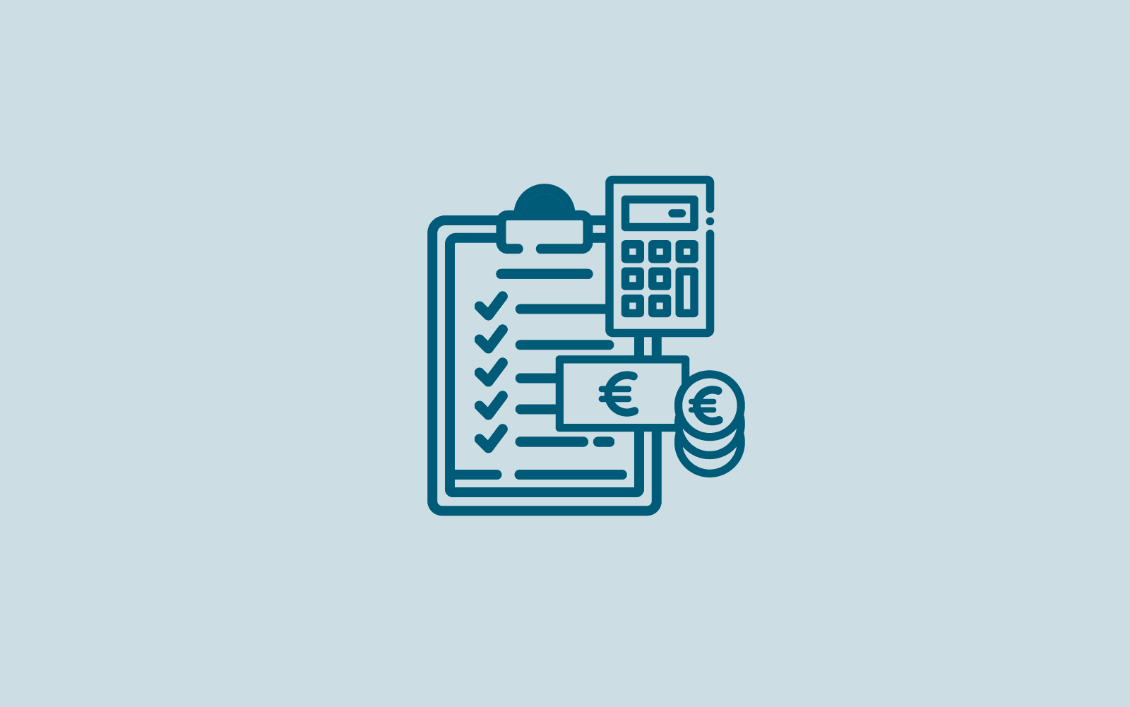 Blaue Icons eines Klemmbretts, eines Taschenrechners und eines Euroscheines sowie Euromünzen 