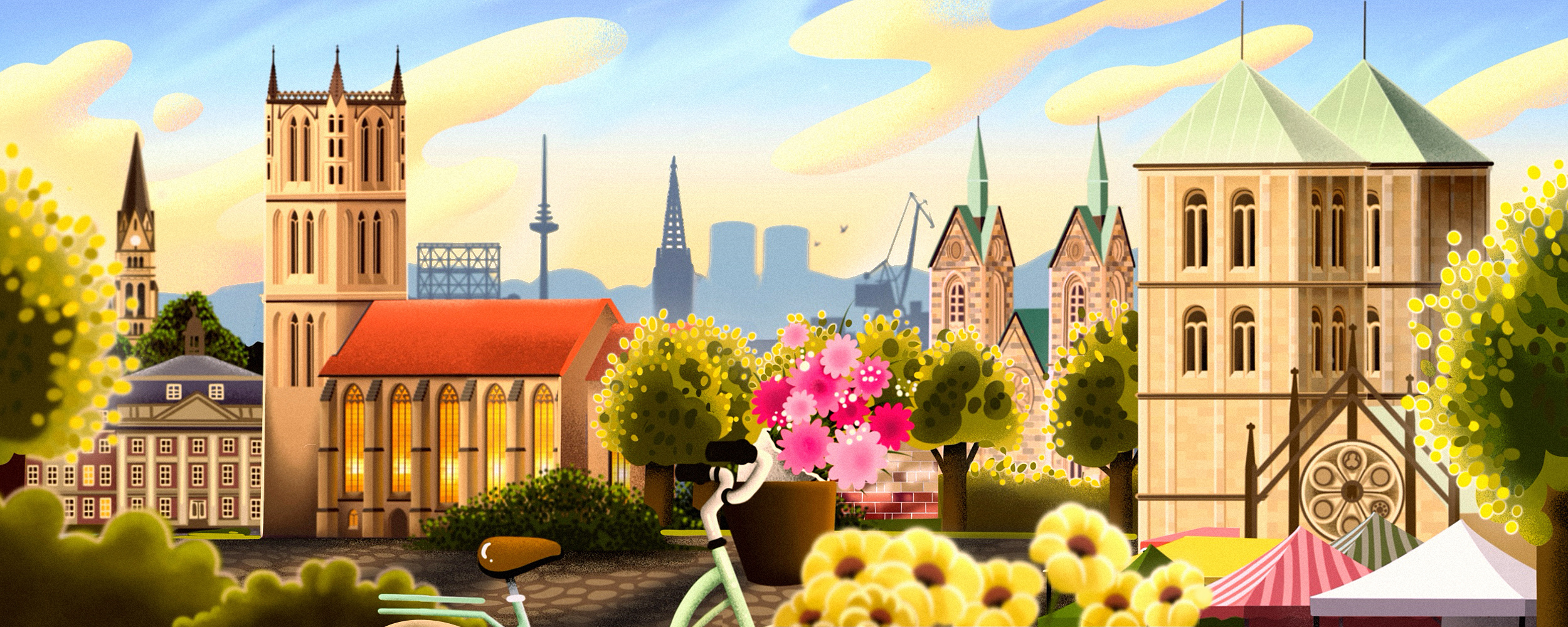 Grafisch umgesetze Ansicht der markanten Gebäude in Münsters Mitte, rechts der Dom, links die Überwasserkirche. Viele Bäume und Blumen.