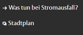 Screenshot der Links zu Infos zum Stromausfall und zum Stadtplan