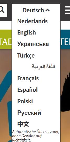 Ansicht der ausgeklappten Sprachauswahl