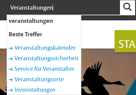 Ansicht der Suche mit dem Beispielwort "Veranstaltungen"