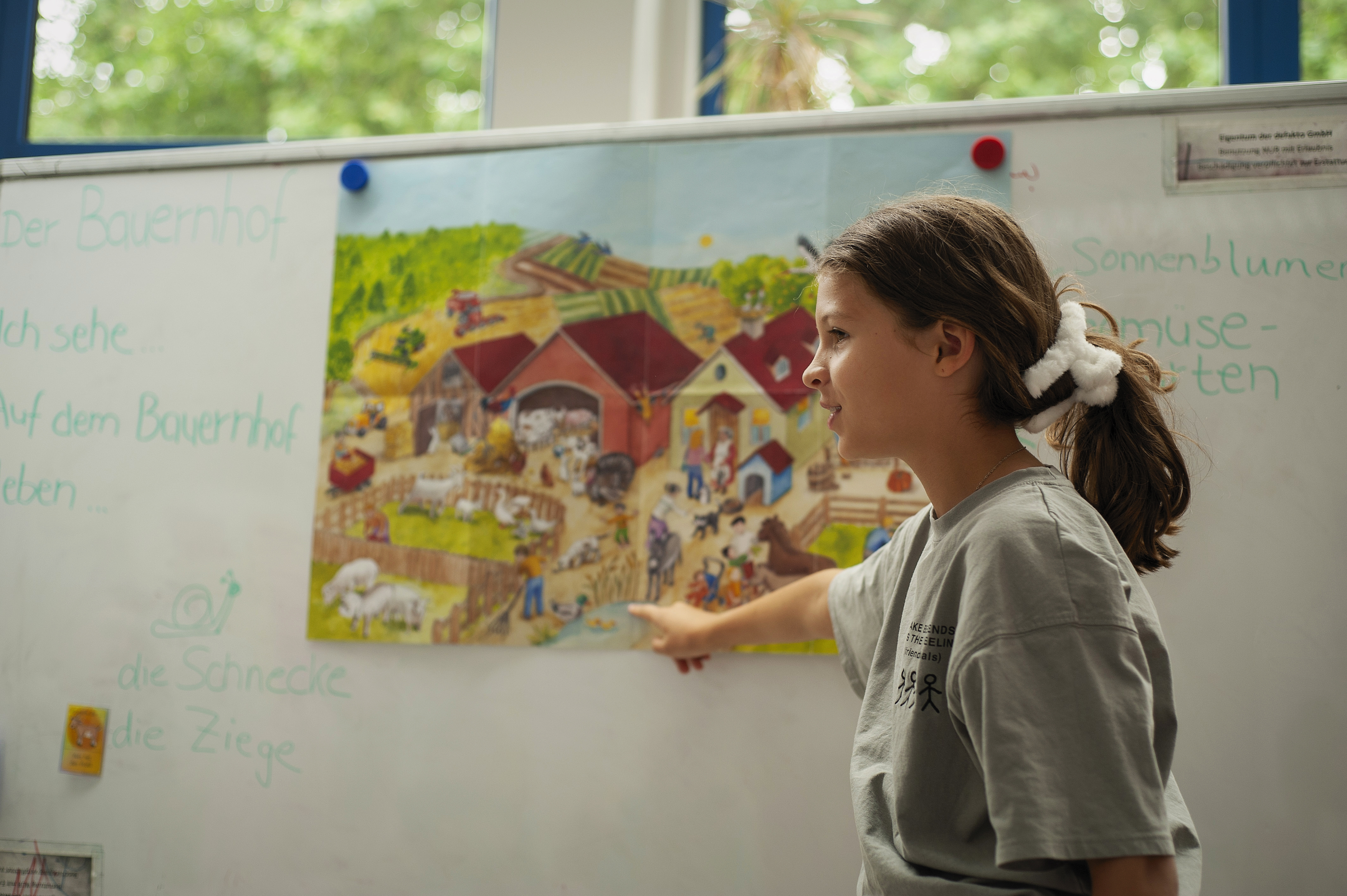 Junges Mädchen steht vor einem Whiteboard und zeigt auf ein Bild