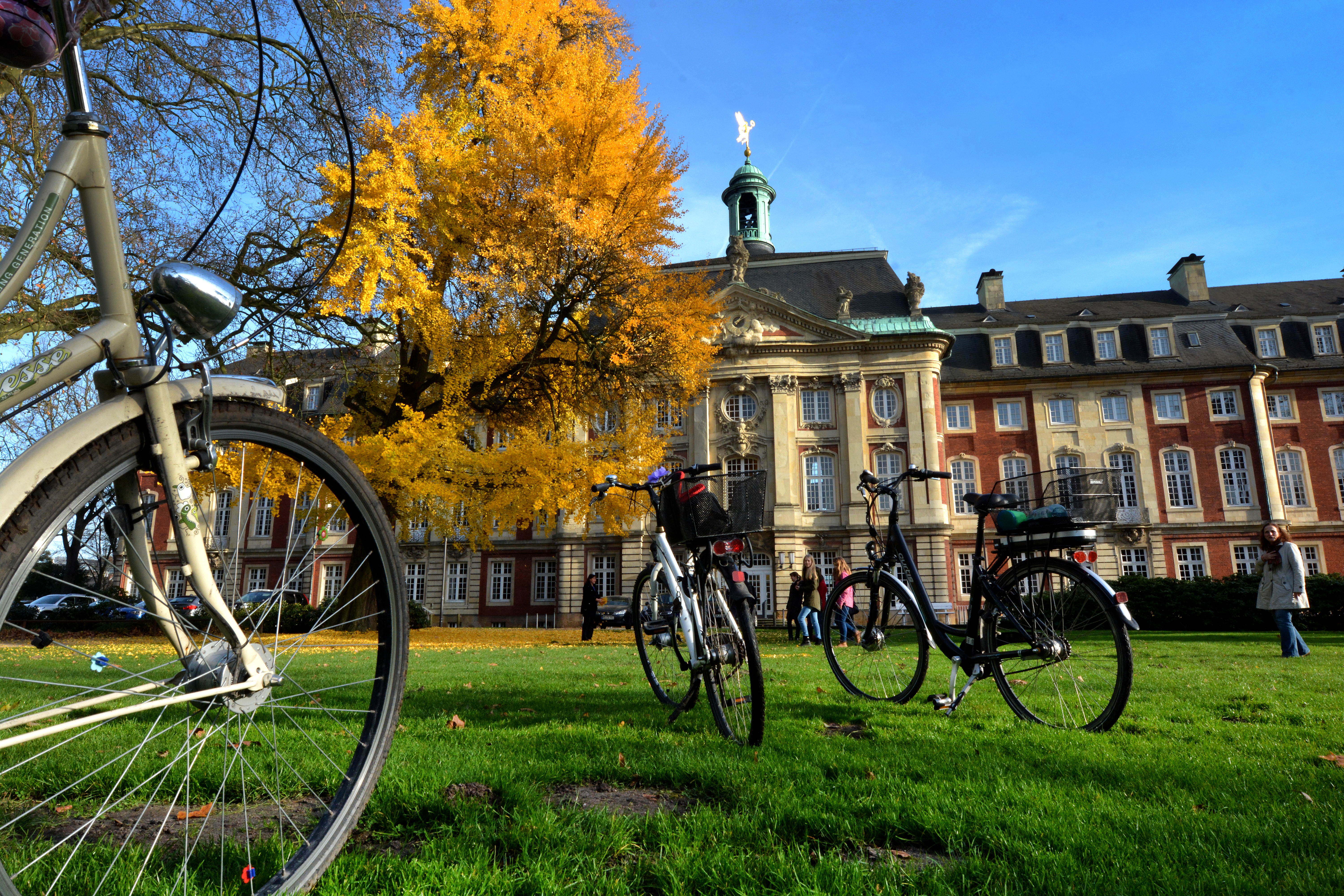 Schloss der Westfälischen Wilhelms-Universität Münster mit Fahrrädern im Vordergrund
