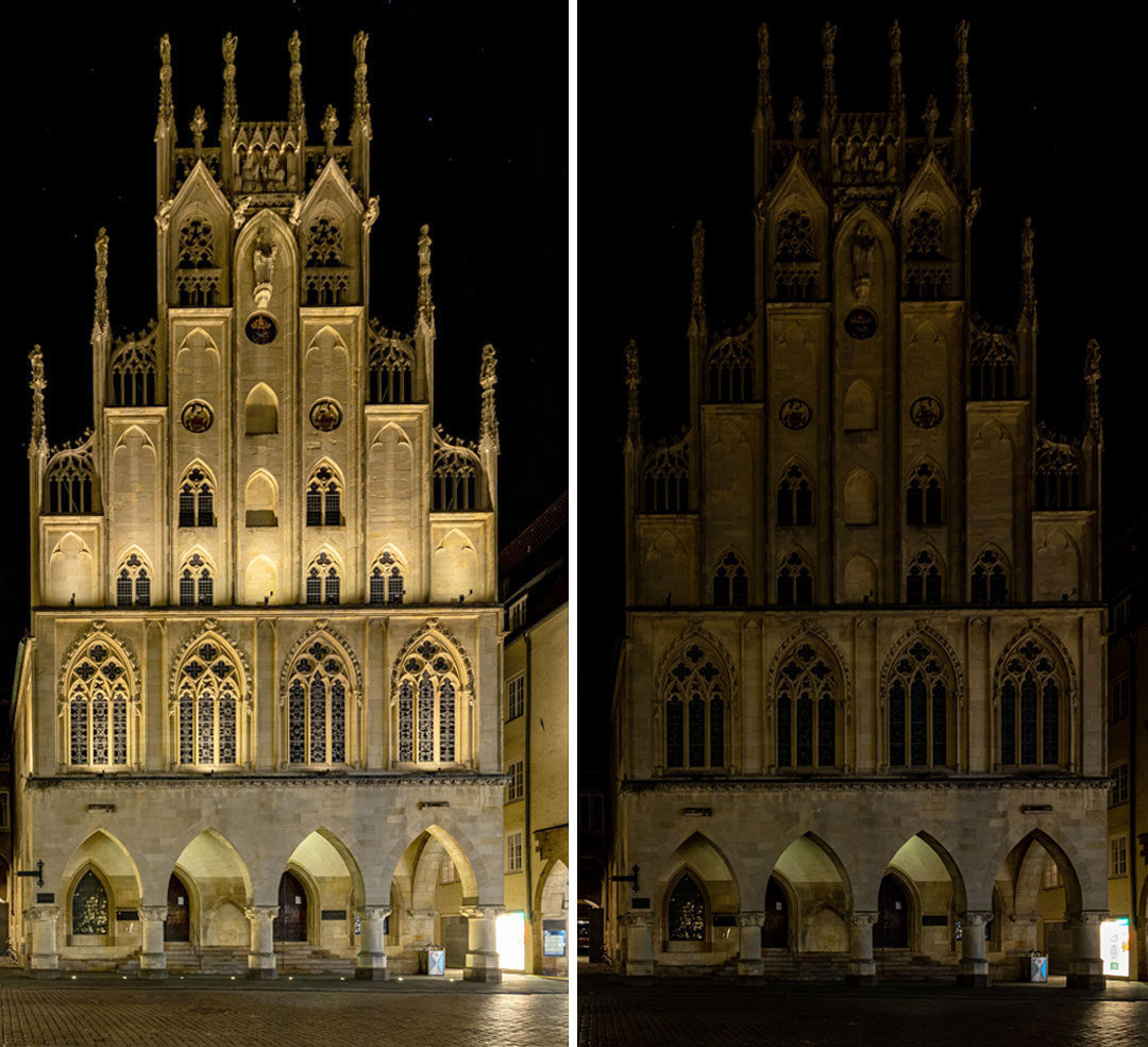 Rathaus mit und ohne Nachtbeleuchtung