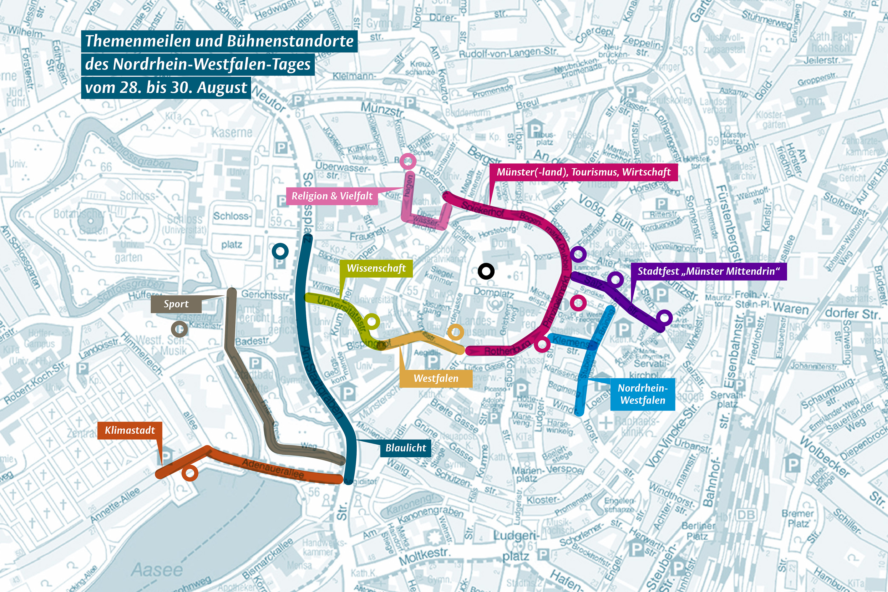 Themenmeilen und Bühnenstandorte des Nordrhein-Westfalen-Tags vom 29. bis 30. August 2026