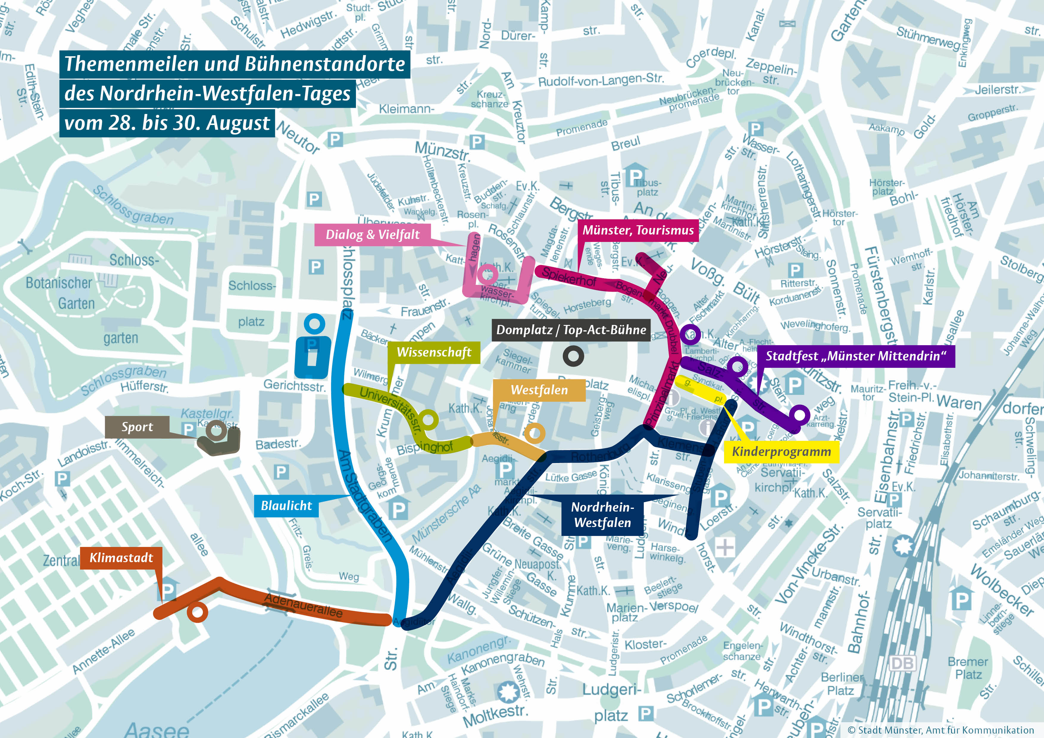Stadtplanausschnitt mit eingezeichneten Themenmeilen zum NRW-Tag