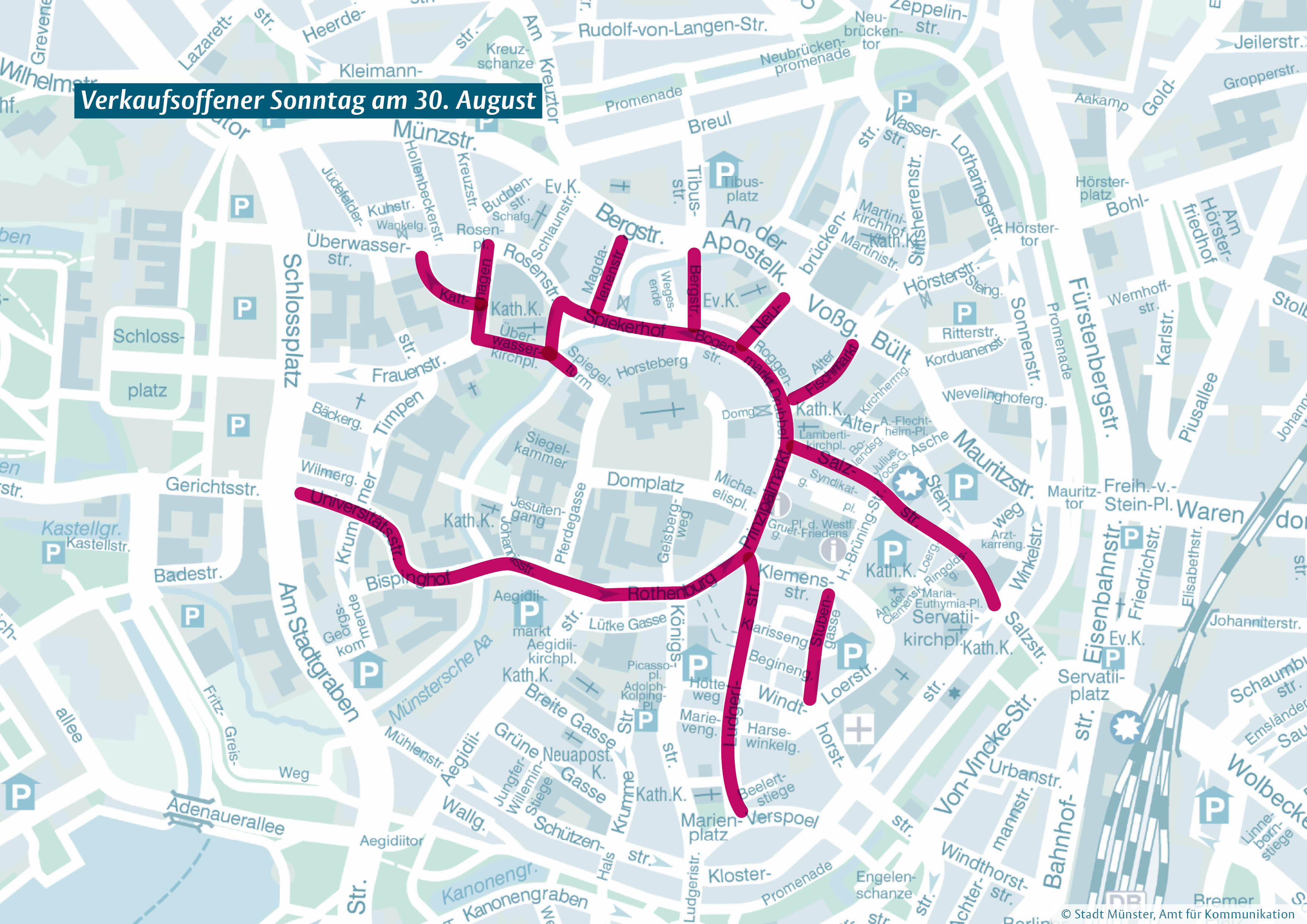 Ausschnitt aus dem Stadtplan mit markierten Straßenzügen, die sich am verkaufsoffenen Sonntag beteiligen.