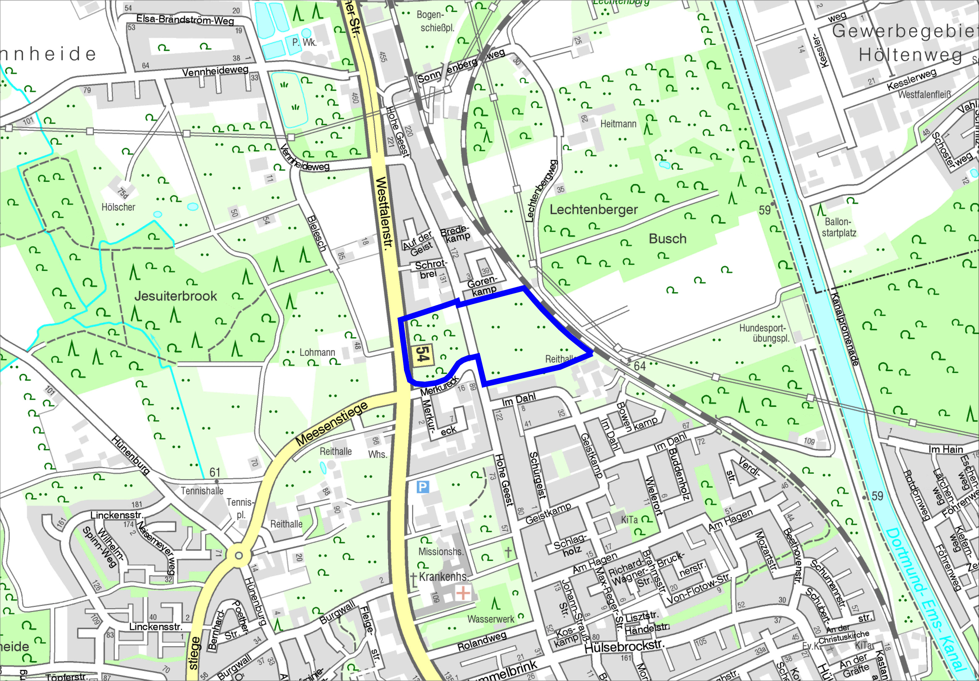 Kartenausschnitt mit eingezeichneter Fläche, wo der Neubau der Feuerwache Hohe Geest entstehen soll