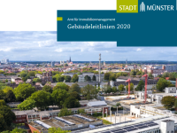 Deckblatt der Broschüre 'Gebäudeleitlinien 2020' mit Panoramafoto einer Großbaustelle in Münster