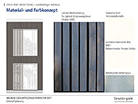 Teilausschnitt mit Holzfläche der Ansichten von Haupt- und Lernhaus