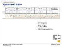 Grundriss der Sporthalle im Obergeschoss mit Tribüne.